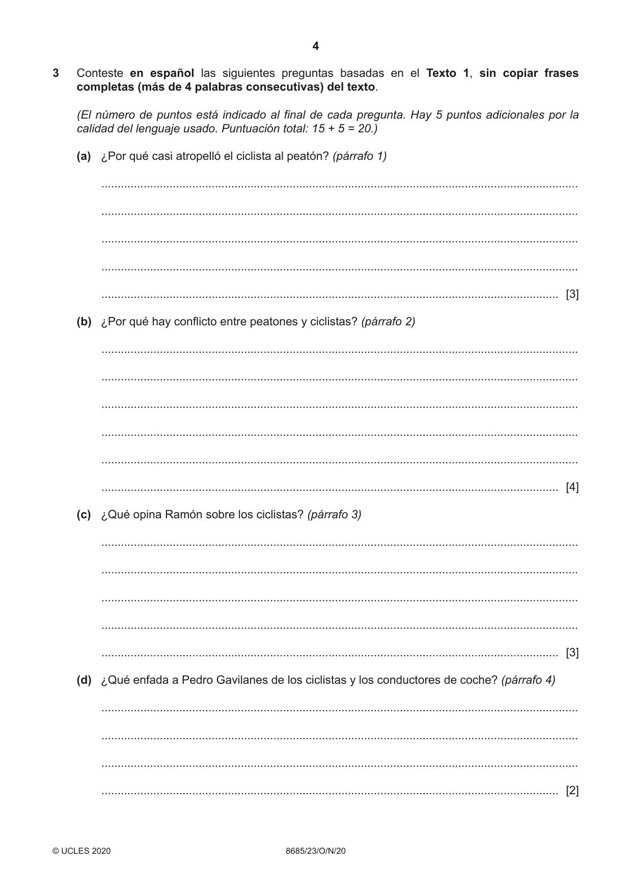 Cambridge A Level Spanish - Language (AS Level only) 8685 2020 Oct/Nov Paper 2 · Variant 3 question paper, page 4 of 8