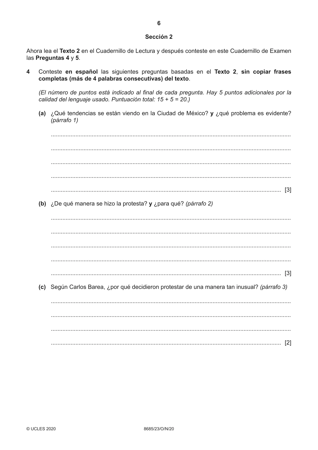 Cambridge A Level Spanish - Language (AS Level only) 8685 2020 Oct/Nov Paper 2 · Variant 3 question paper, page 6 of 8