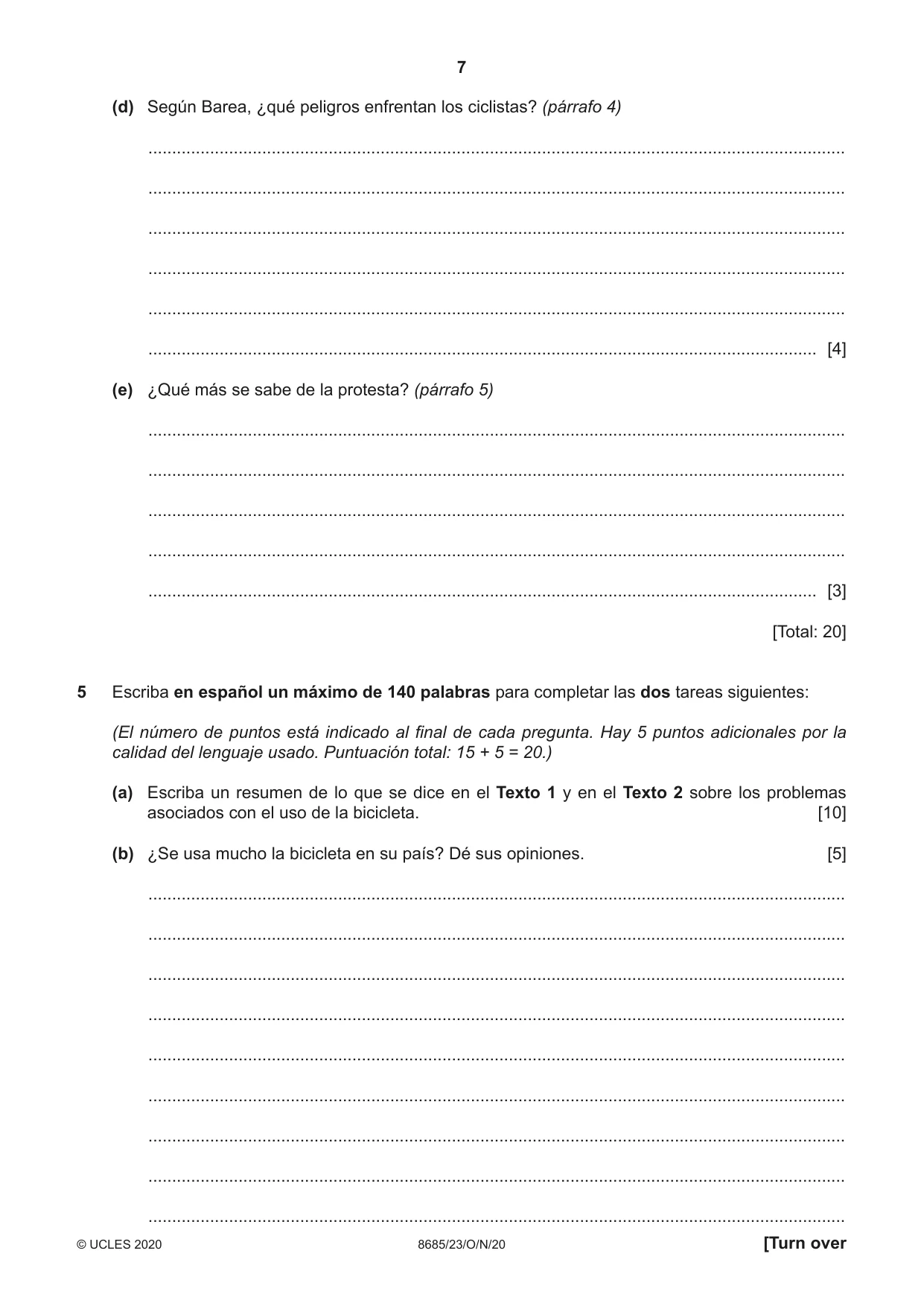 Cambridge A Level Spanish - Language (AS Level only) 8685 2020 Oct/Nov Paper 2 · Variant 3 question paper, page 7 of 8