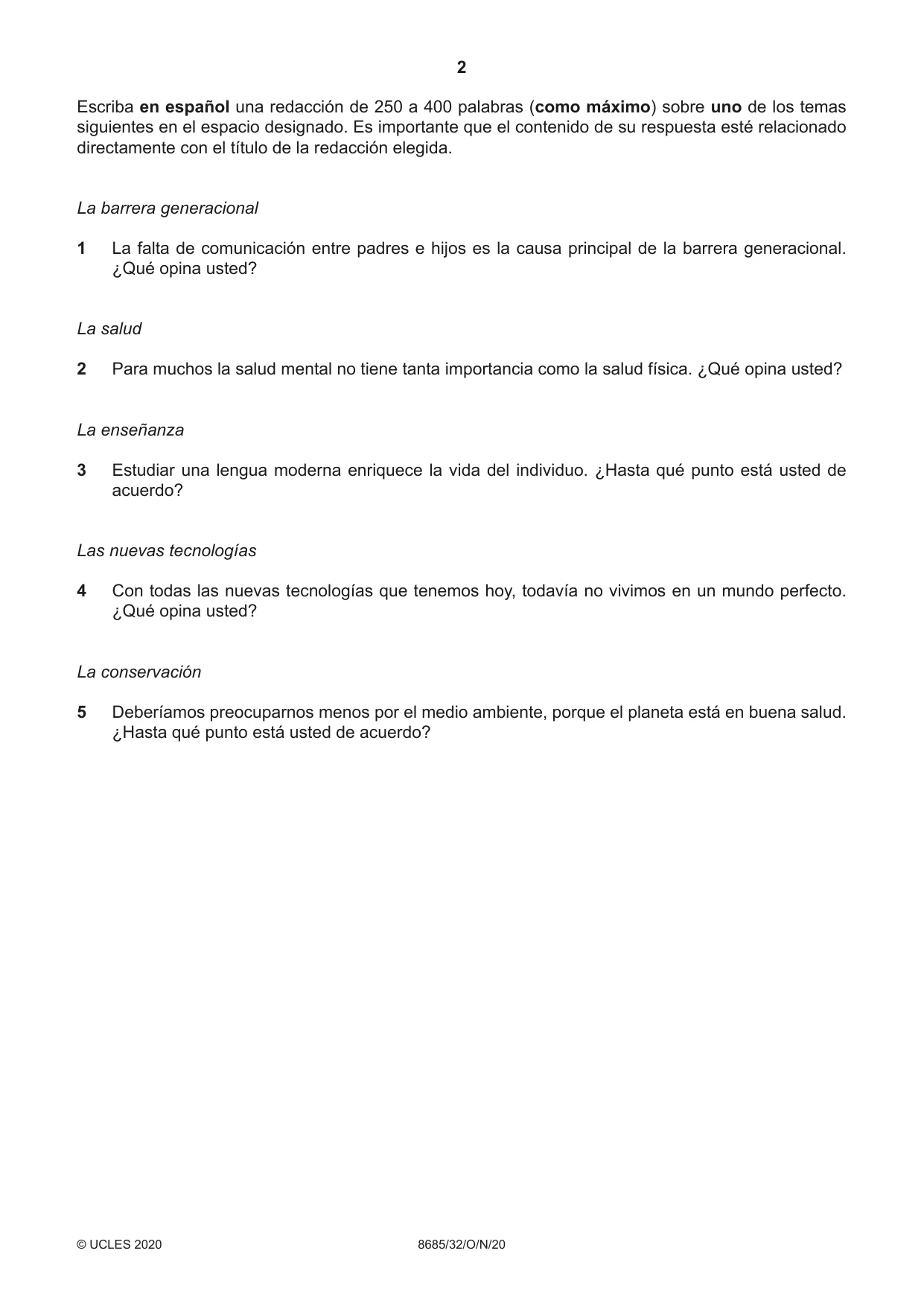 Cambridge A Level Spanish - Language (AS Level only) 8685 2020 Oct/Nov Paper 3 · Variant 2 question paper, page 2 of 8
