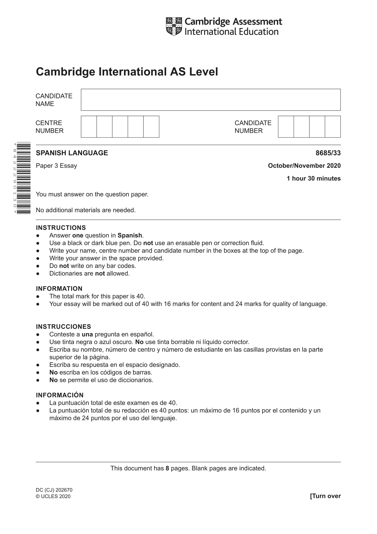 Cambridge A Level Spanish - Language (AS Level only) 8685 2020 Oct/Nov Paper 3 · Variant 3 question paper, page 1 of 8