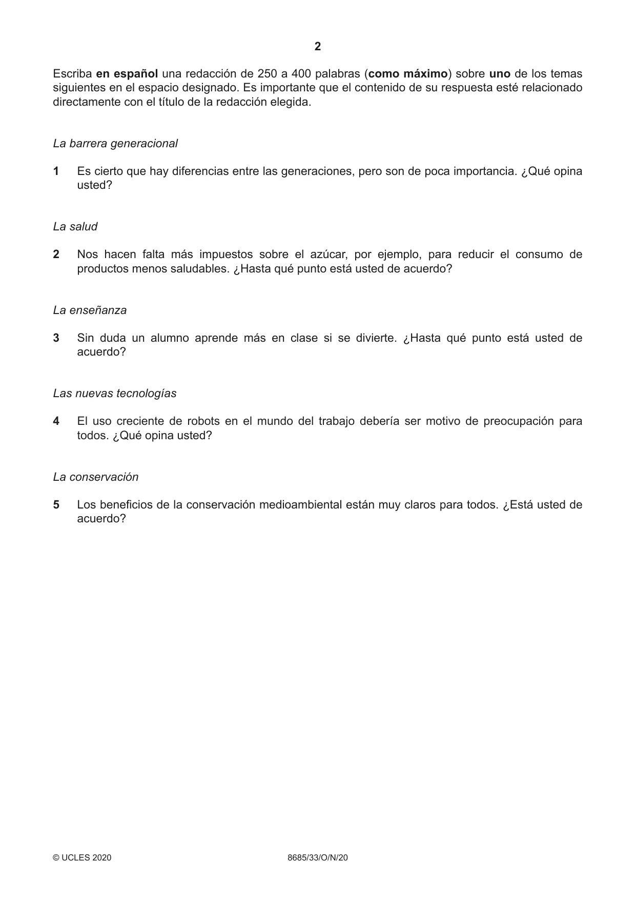 Cambridge A Level Spanish - Language (AS Level only) 8685 2020 Oct/Nov Paper 3 · Variant 3 question paper, page 2 of 8