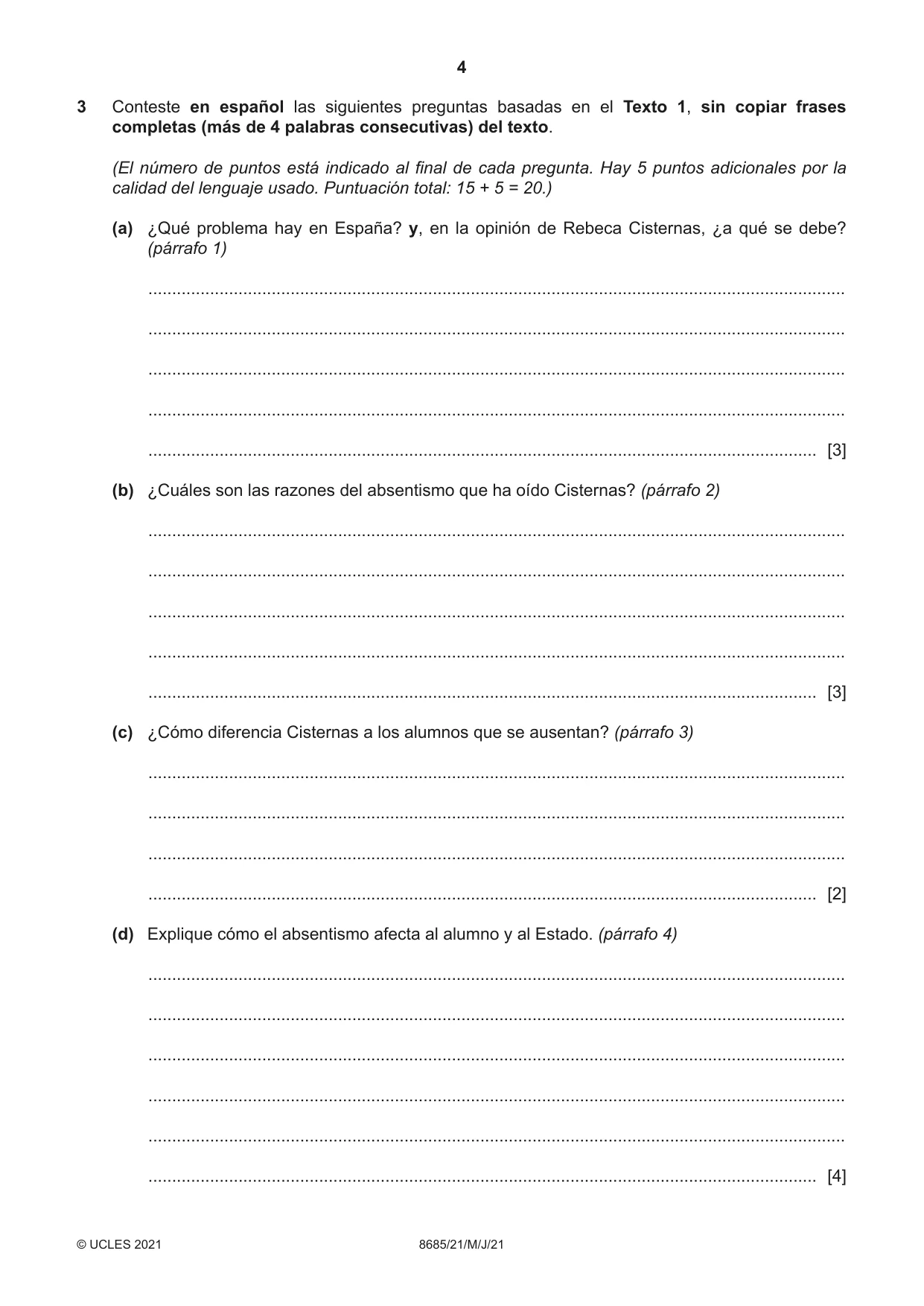 Cambridge A Level Spanish - Language (AS Level only) 8685 2021 May/June Paper 2 · Variant 1 question paper, page 4 of 8