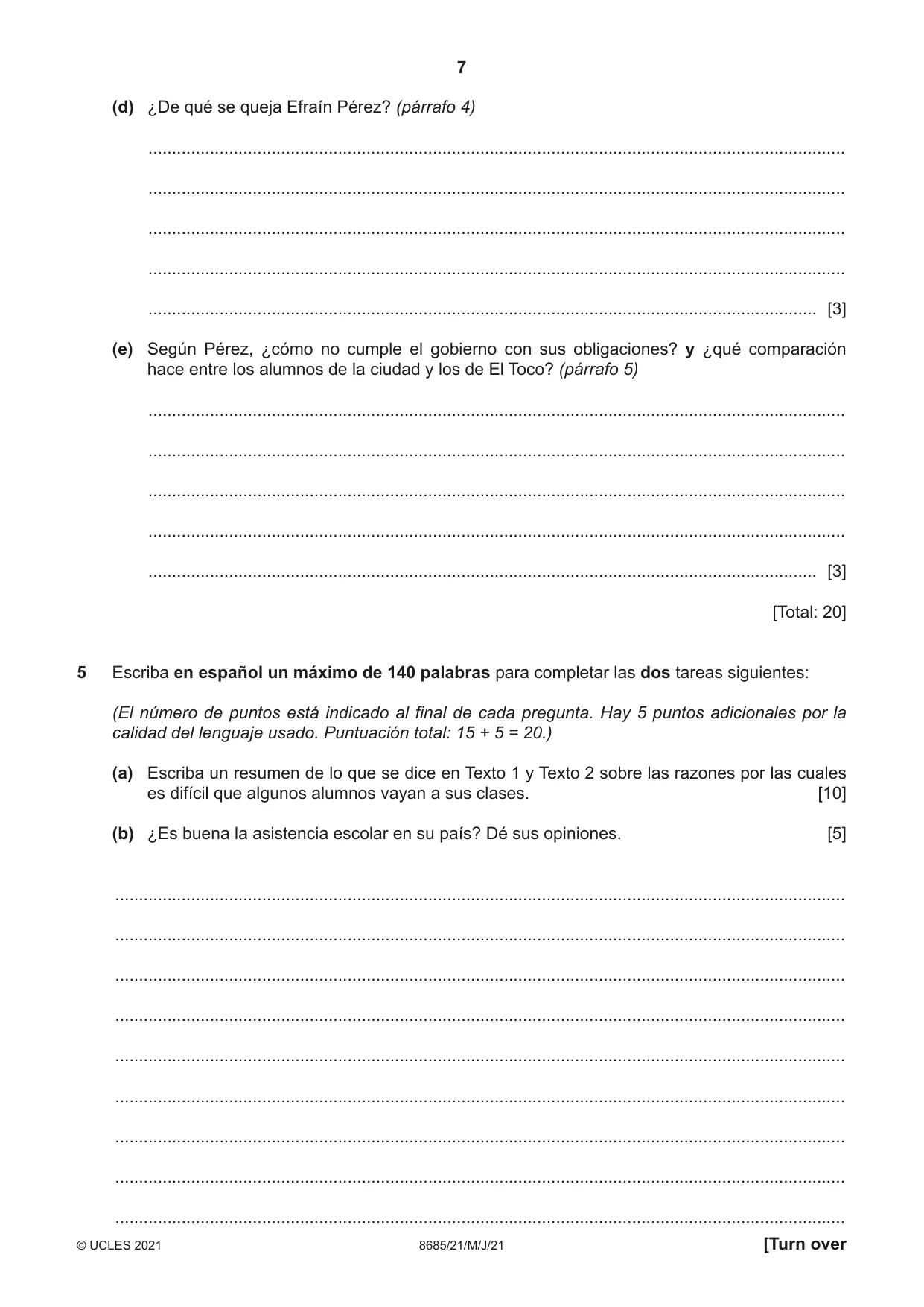 Cambridge A Level Spanish - Language (AS Level only) 8685 2021 May/June Paper 2 · Variant 1 question paper, page 7 of 8