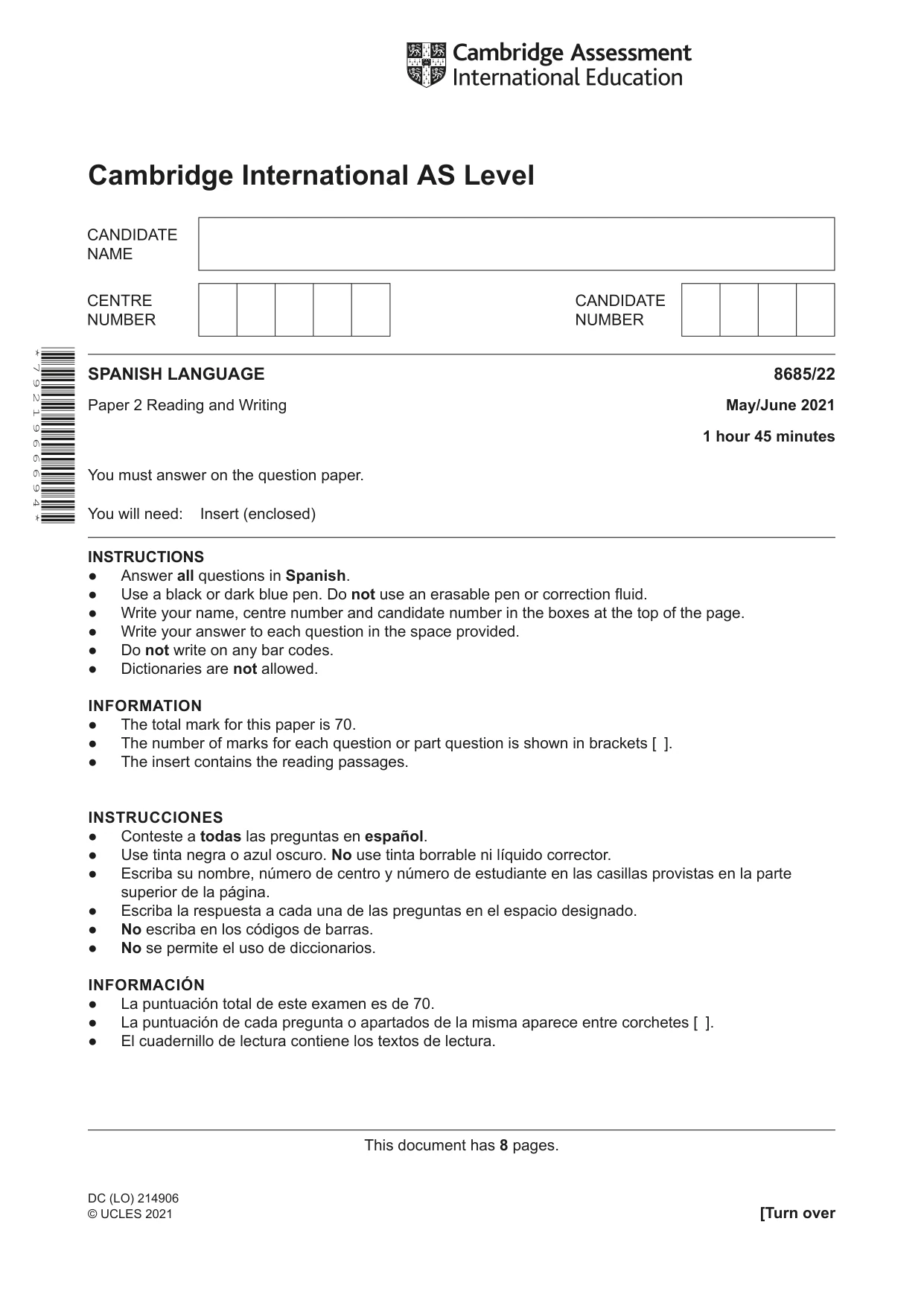 Cambridge A Level Spanish - Language (AS Level only) 8685 2021 May/June Paper 2 · Variant 2 question paper, page 1 of 8