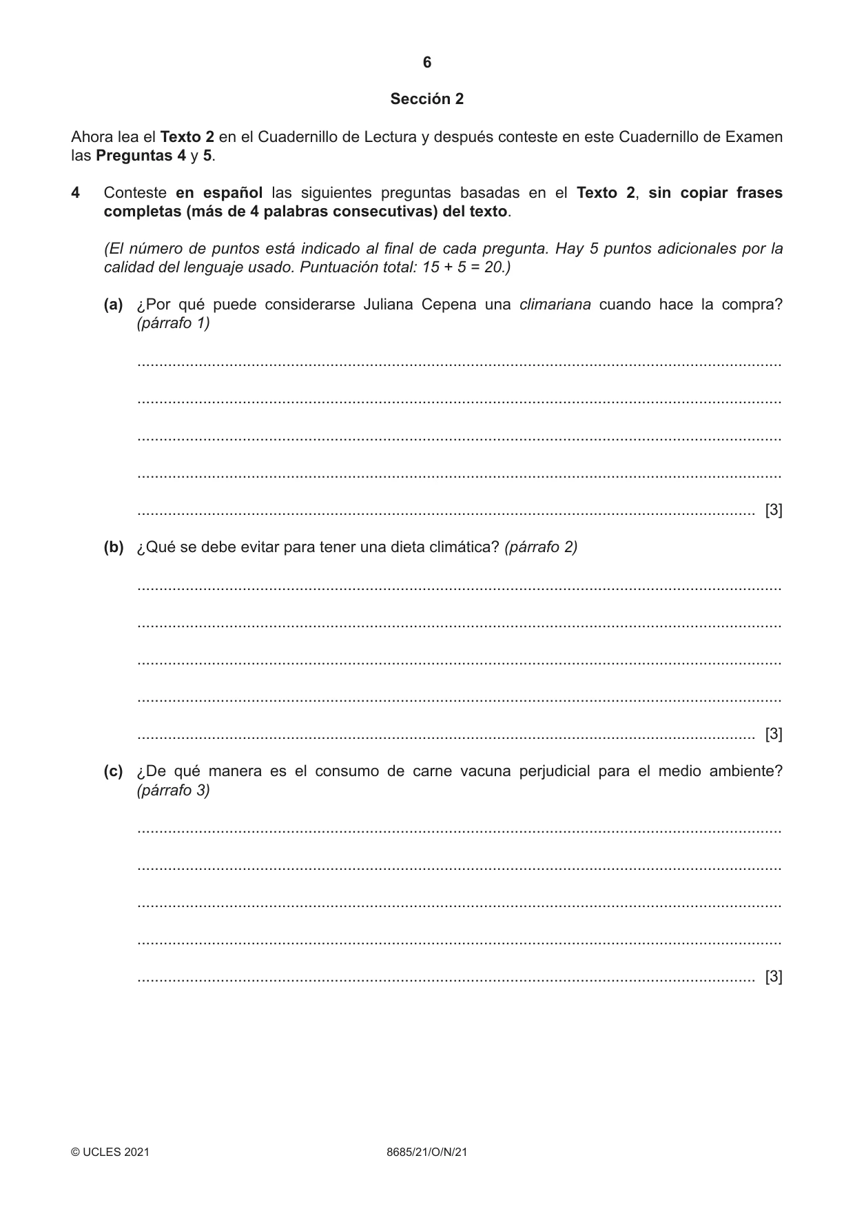Cambridge A Level Spanish - Language (AS Level only) 8685 2021 Oct/Nov Paper 2 · Variant 1 question paper, page 6 of 8