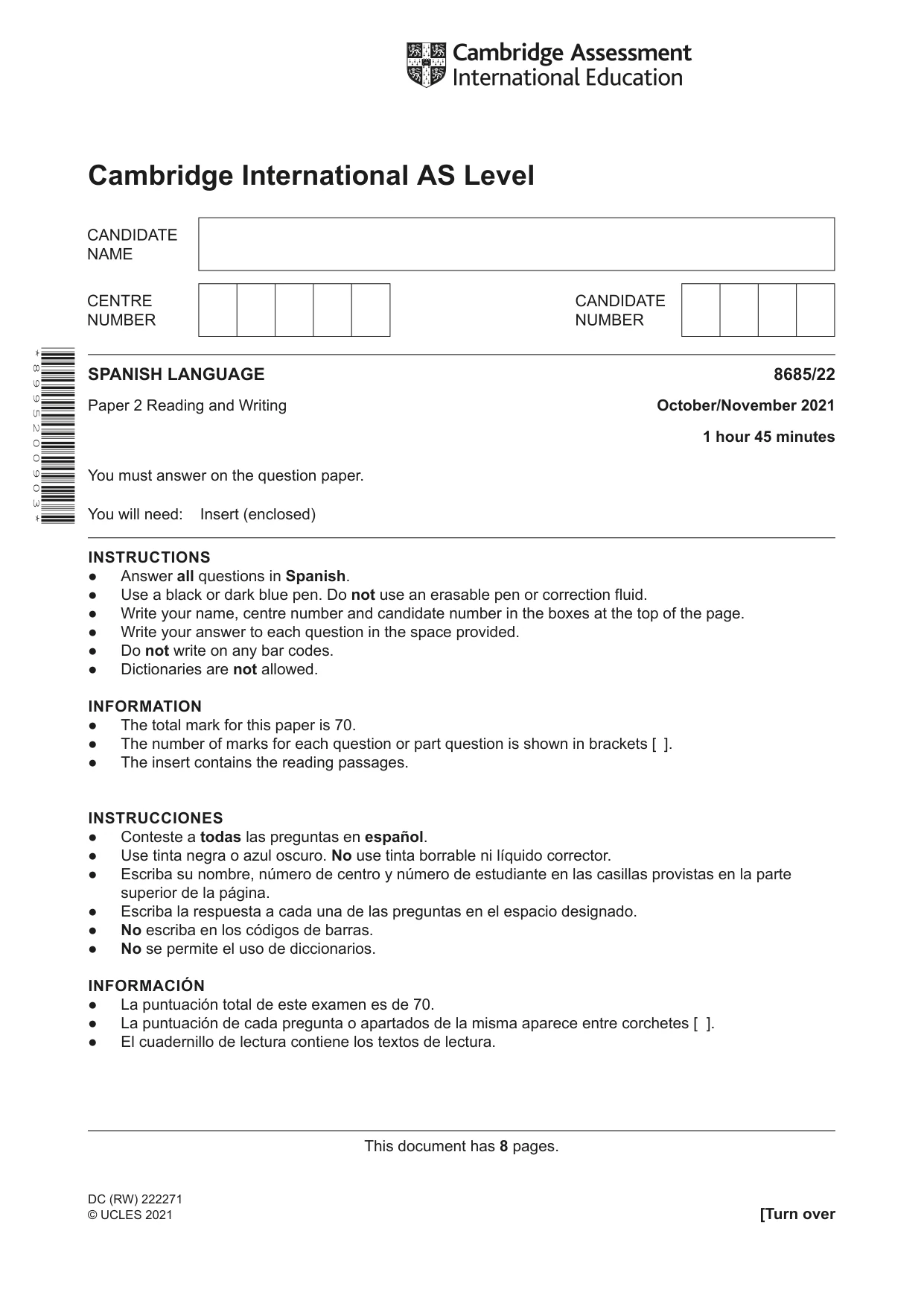 Cambridge A Level Spanish - Language (AS Level only) 8685 2021 Oct/Nov Paper 2 · Variant 2 question paper, page 1 of 8