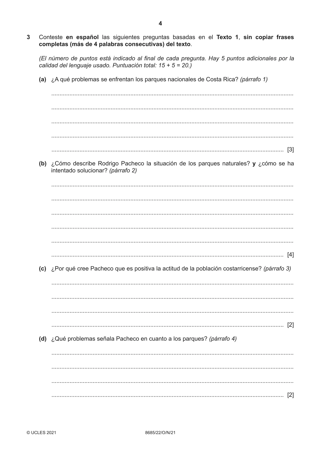 Cambridge A Level Spanish - Language (AS Level only) 8685 2021 Oct/Nov Paper 2 · Variant 2 question paper, page 4 of 8