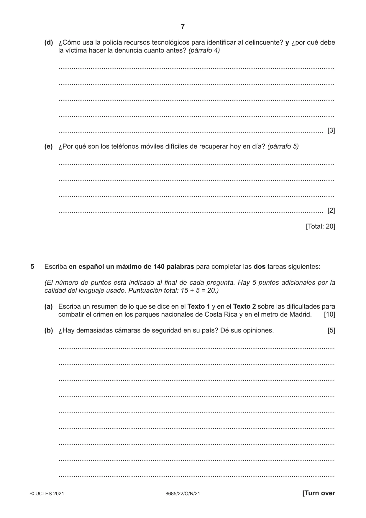 Cambridge A Level Spanish - Language (AS Level only) 8685 2021 Oct/Nov Paper 2 · Variant 2 question paper, page 7 of 8