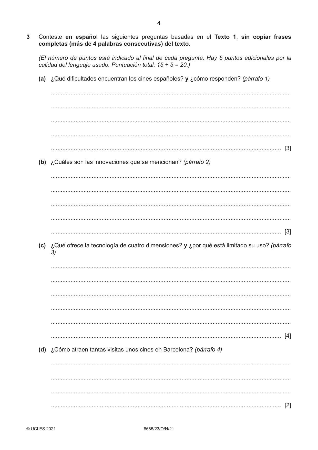 Cambridge A Level Spanish - Language (AS Level only) 8685 2021 Oct/Nov Paper 2 · Variant 3 question paper, page 4 of 8