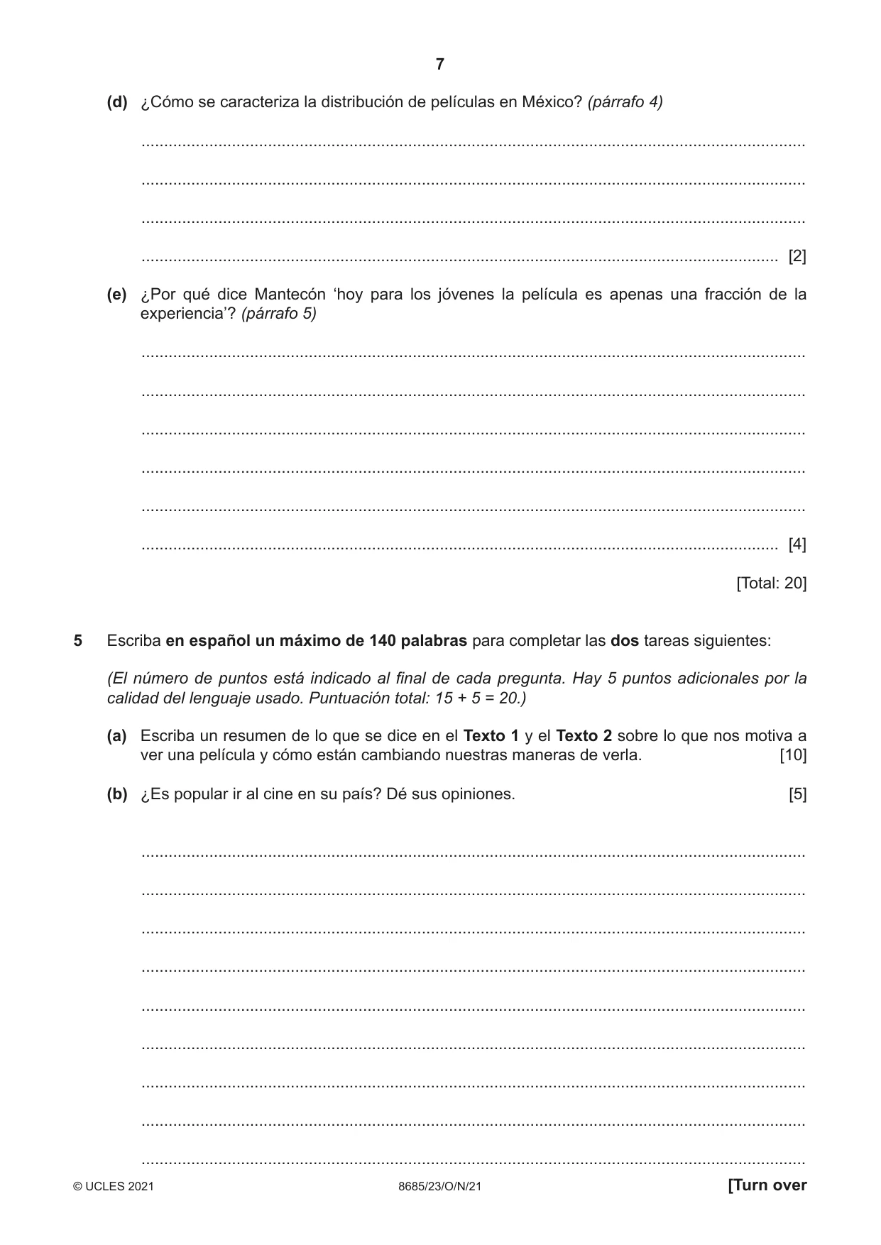 Cambridge A Level Spanish - Language (AS Level only) 8685 2021 Oct/Nov Paper 2 · Variant 3 question paper, page 7 of 8