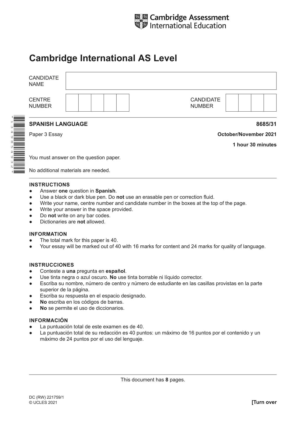 Cambridge A Level Spanish - Language (AS Level only) 8685 2021 Oct/Nov Paper 3 · Variant 1 question paper, page 1 of 8