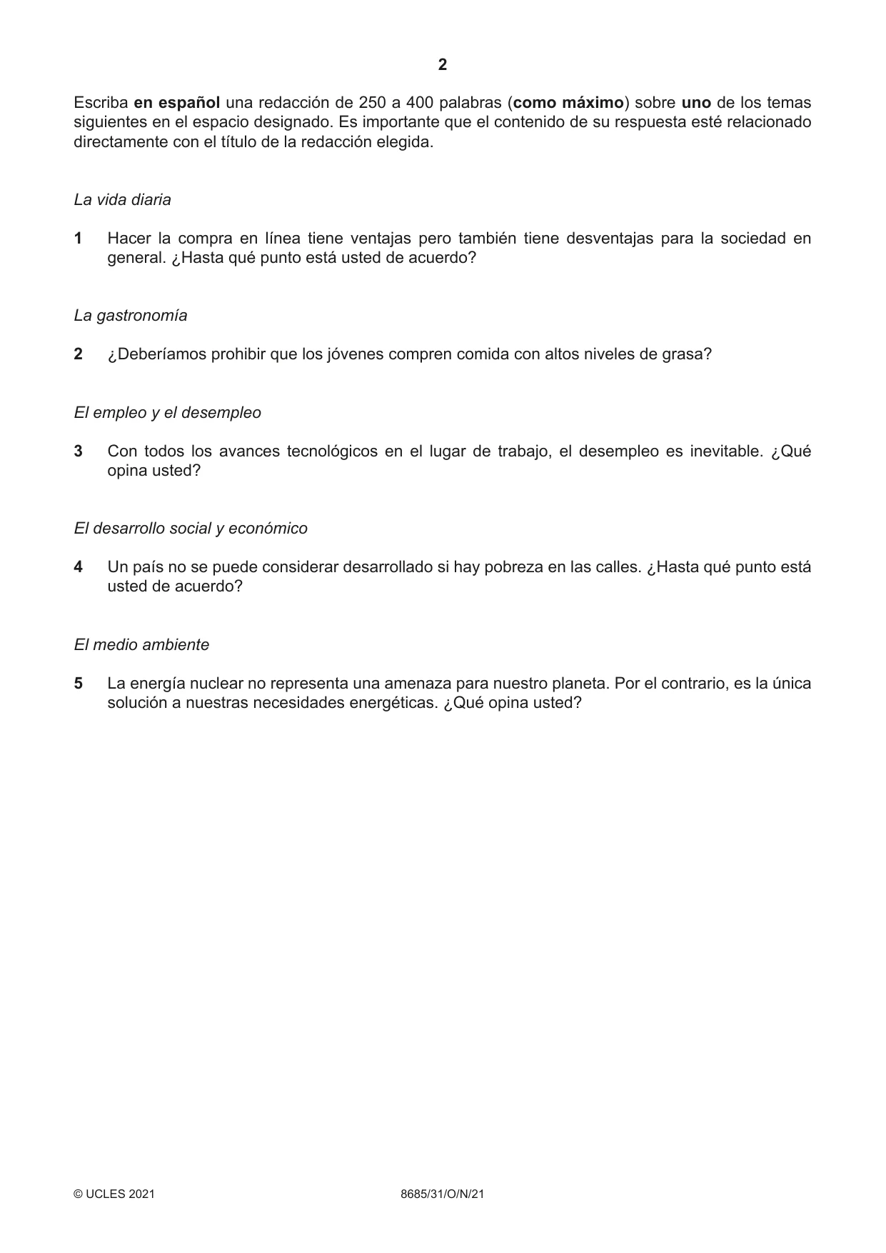 Cambridge A Level Spanish - Language (AS Level only) 8685 2021 Oct/Nov Paper 3 · Variant 1 question paper, page 2 of 8