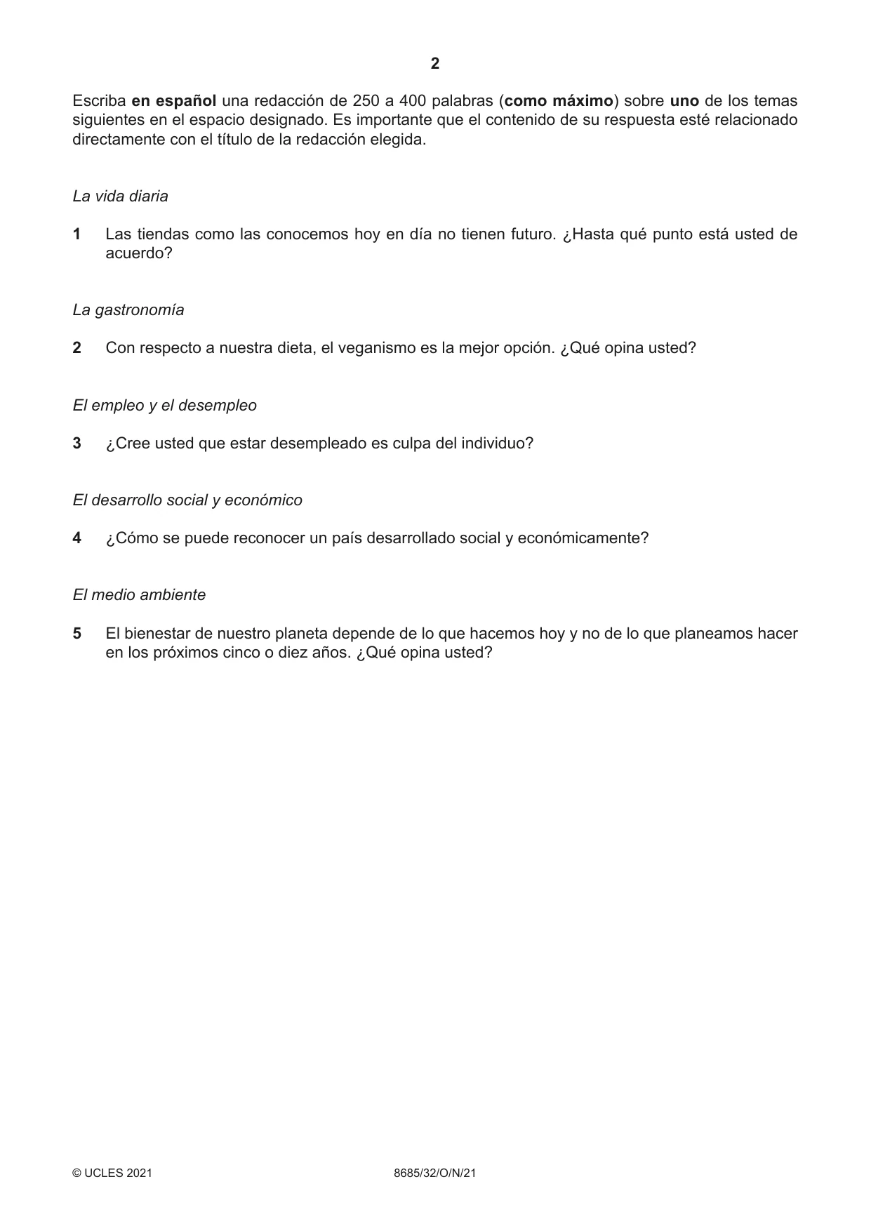 Cambridge A Level Spanish - Language (AS Level only) 8685 2021 Oct/Nov Paper 3 · Variant 2 question paper, page 2 of 8