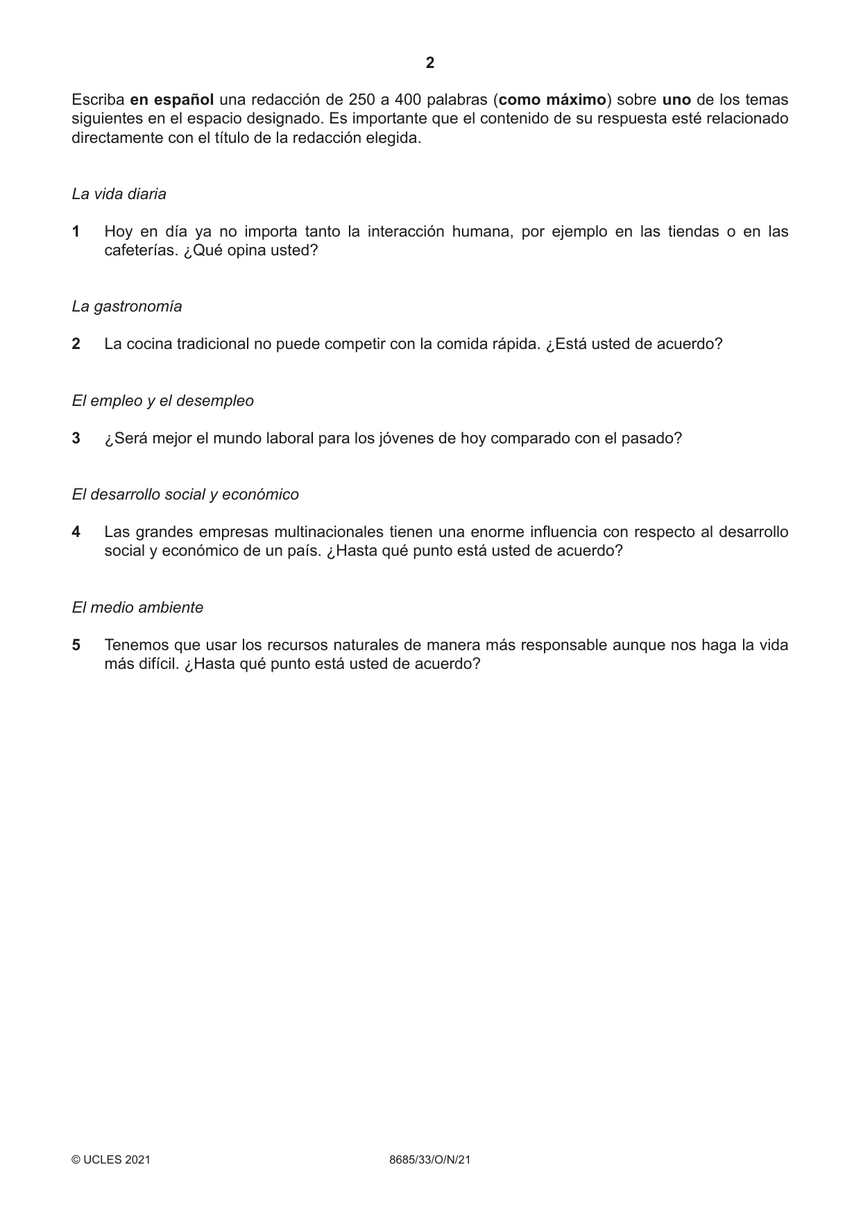 Cambridge A Level Spanish - Language (AS Level only) 8685 2021 Oct/Nov Paper 3 · Variant 3 question paper, page 2 of 8