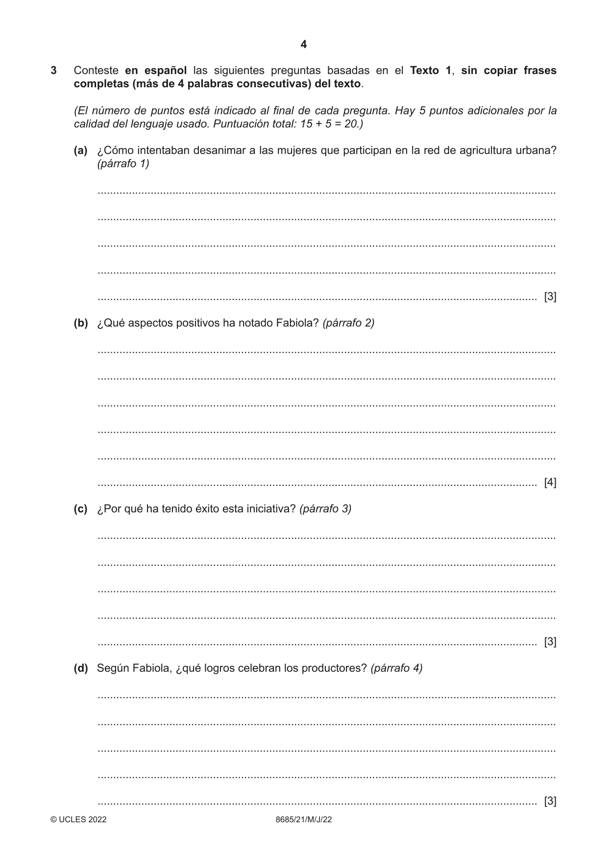 Cambridge A Level Spanish - Language (AS Level only) 8685 2022 May/June Paper 2 · Variant 1 question paper, page 4 of 8