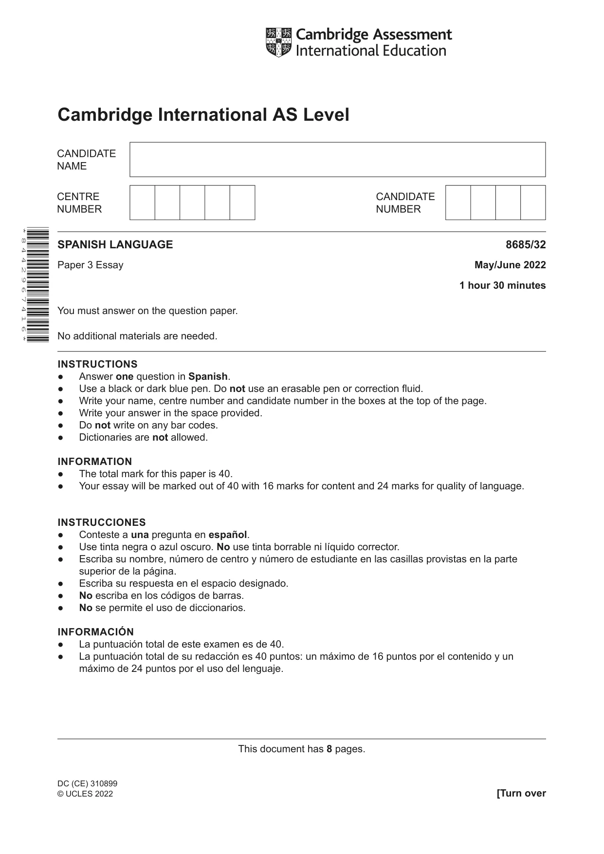 Cambridge A Level Spanish - Language (AS Level only) 8685 2022 May/June Paper 3 · Variant 2 question paper, page 1 of 8
