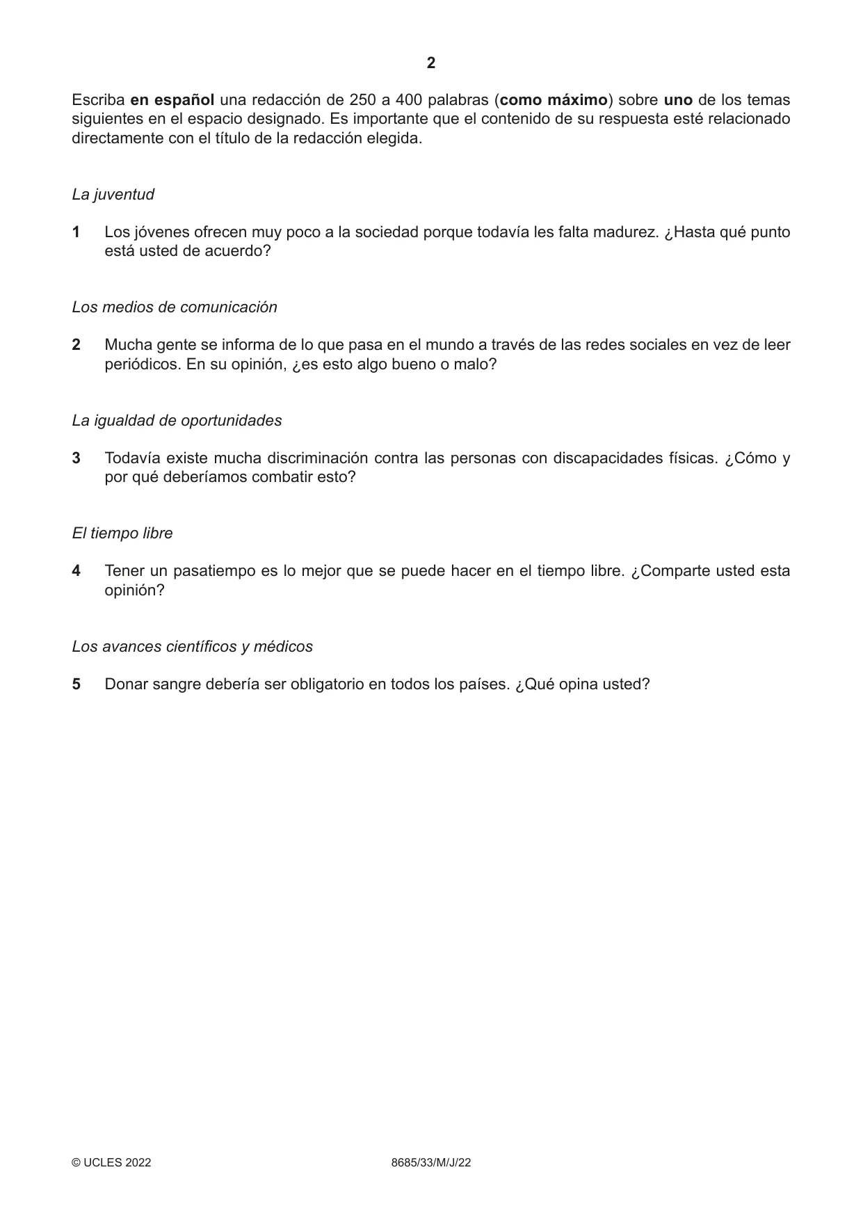 Cambridge A Level Spanish - Language (AS Level only) 8685 2022 May/June Paper 3 · Variant 3 question paper, page 2 of 8