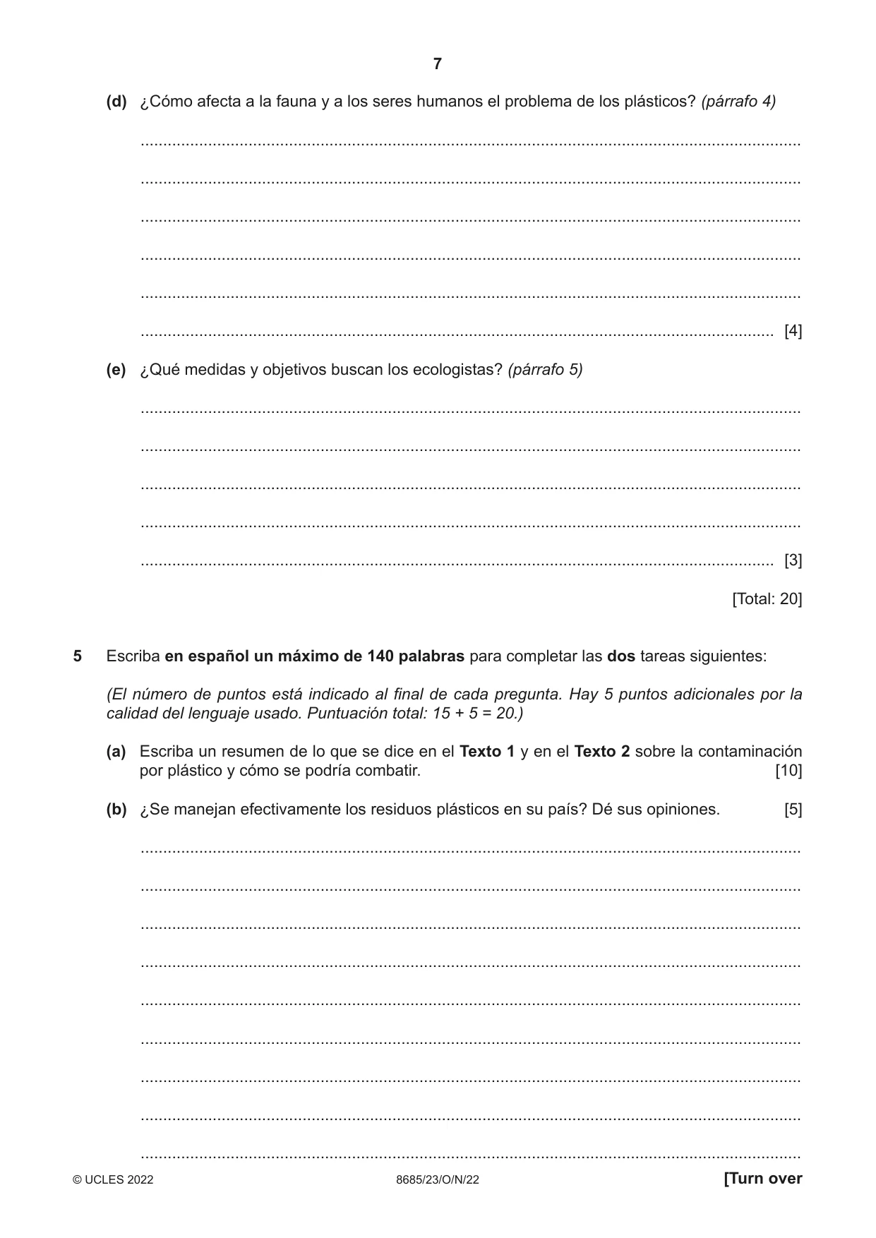 Cambridge A Level Spanish - Language (AS Level only) 8685 2022 Oct/Nov Paper 2 · Variant 3 question paper, page 7 of 8