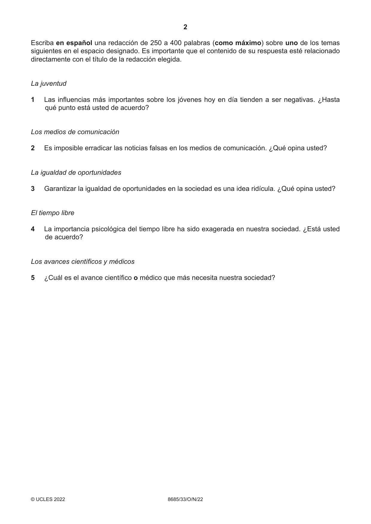 Cambridge A Level Spanish - Language (AS Level only) 8685 2022 Oct/Nov Paper 3 · Variant 3 question paper, page 2 of 8