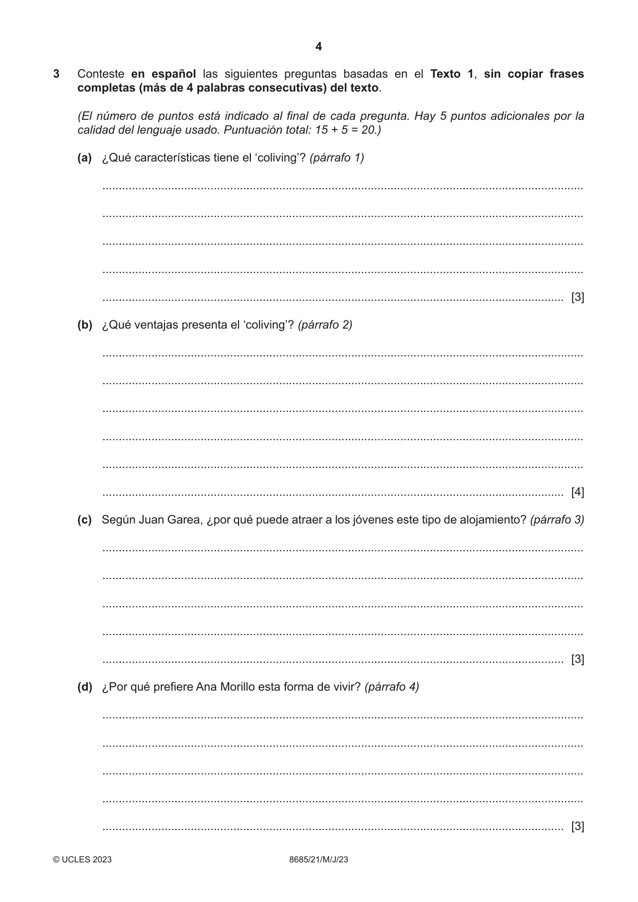 Cambridge A Level Spanish - Language (AS Level only) 8685 2023 May/June Paper 2 · Variant 1 question paper, page 4 of 8
