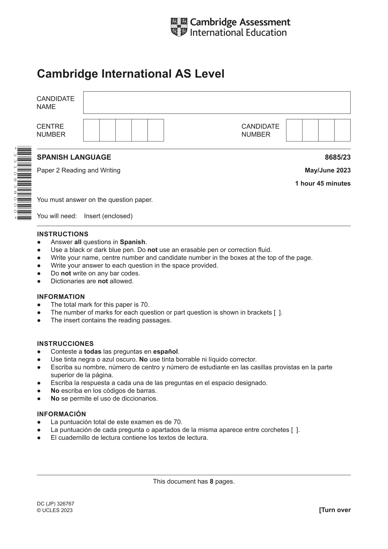 Cambridge A Level Spanish - Language (AS Level only) 8685 2023 May/June Paper 2 · Variant 3 question paper, page 1 of 8