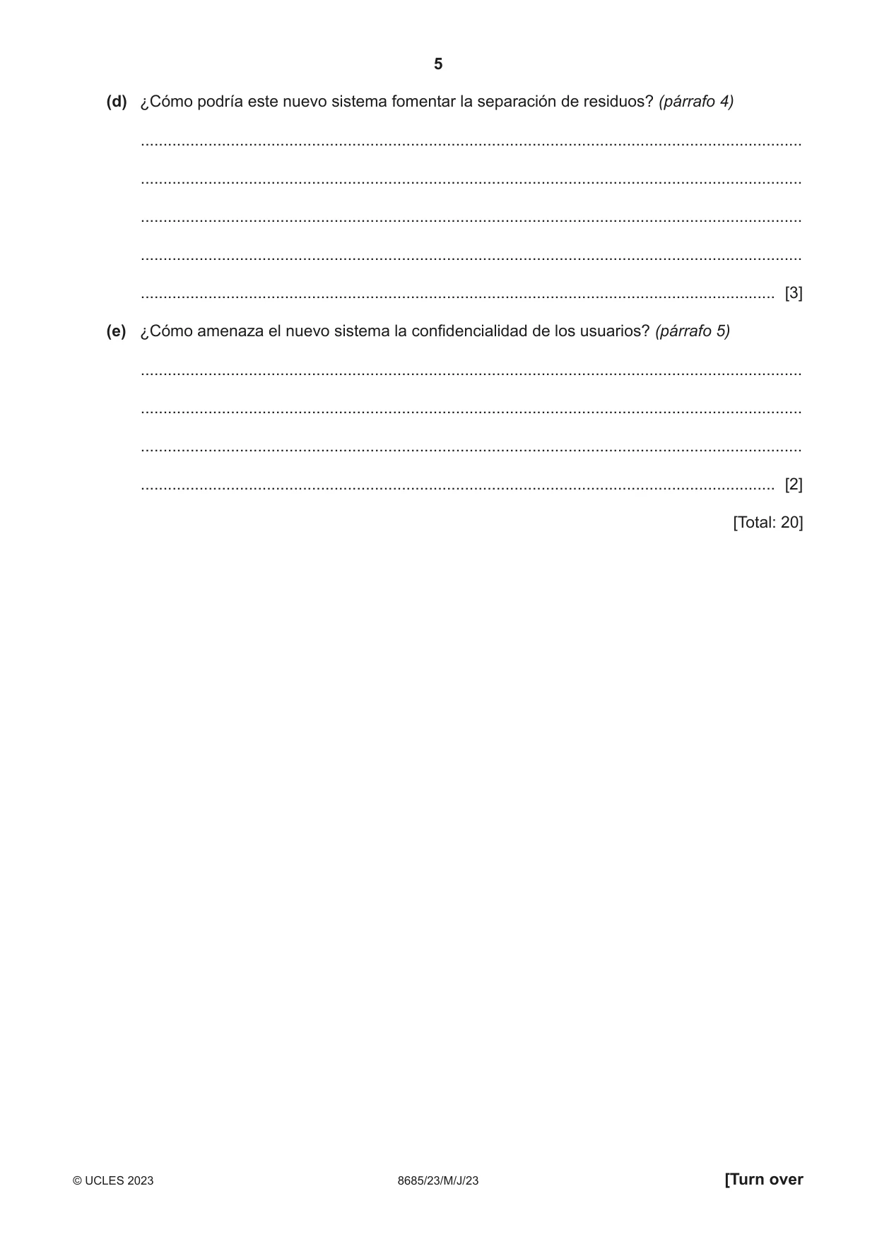 Cambridge A Level Spanish - Language (AS Level only) 8685 2023 May/June Paper 2 · Variant 3 question paper, page 5 of 8