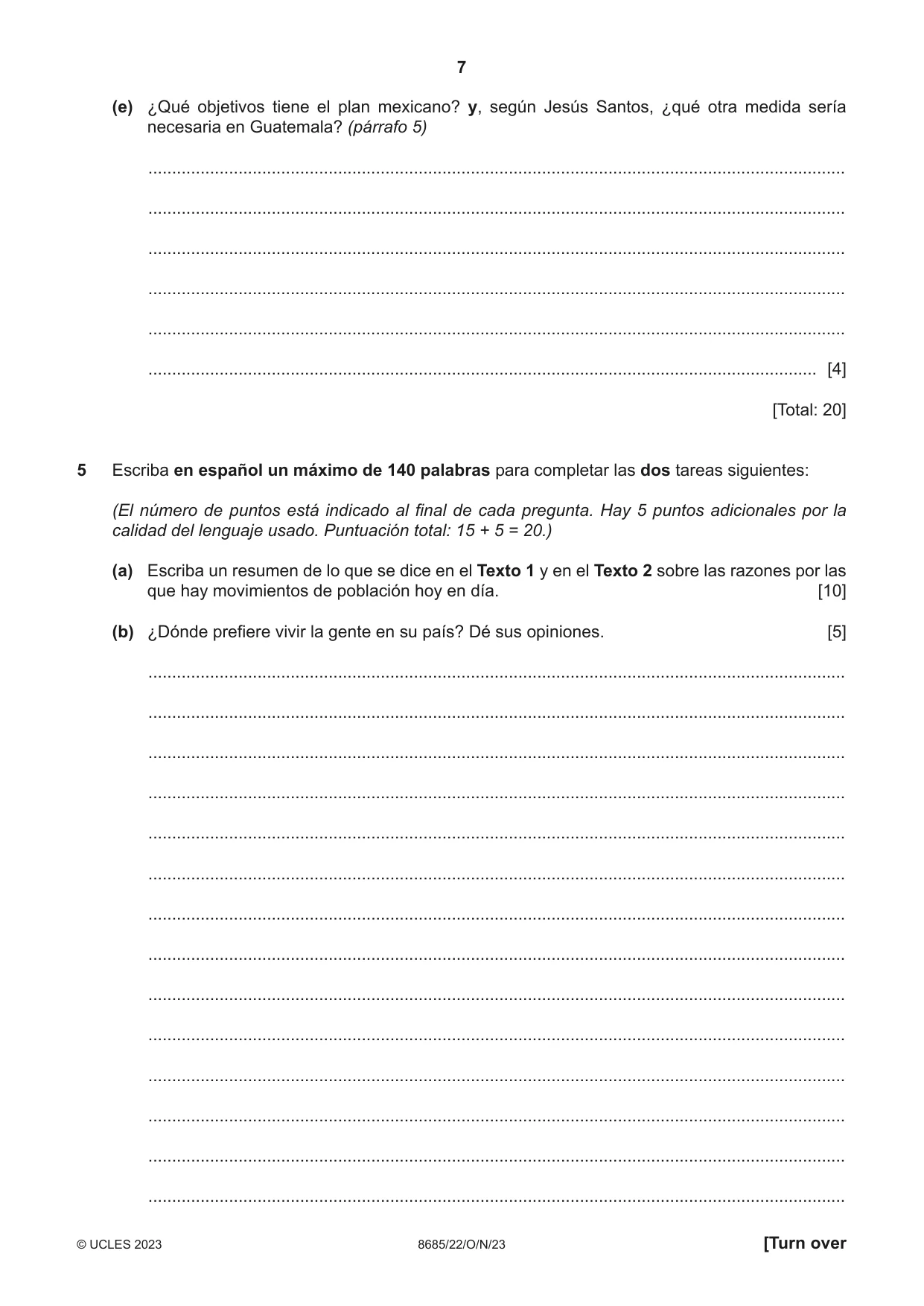Cambridge A Level Spanish - Language (AS Level only) 8685 2023 Oct/Nov Paper 2 · Variant 2 question paper, page 7 of 8