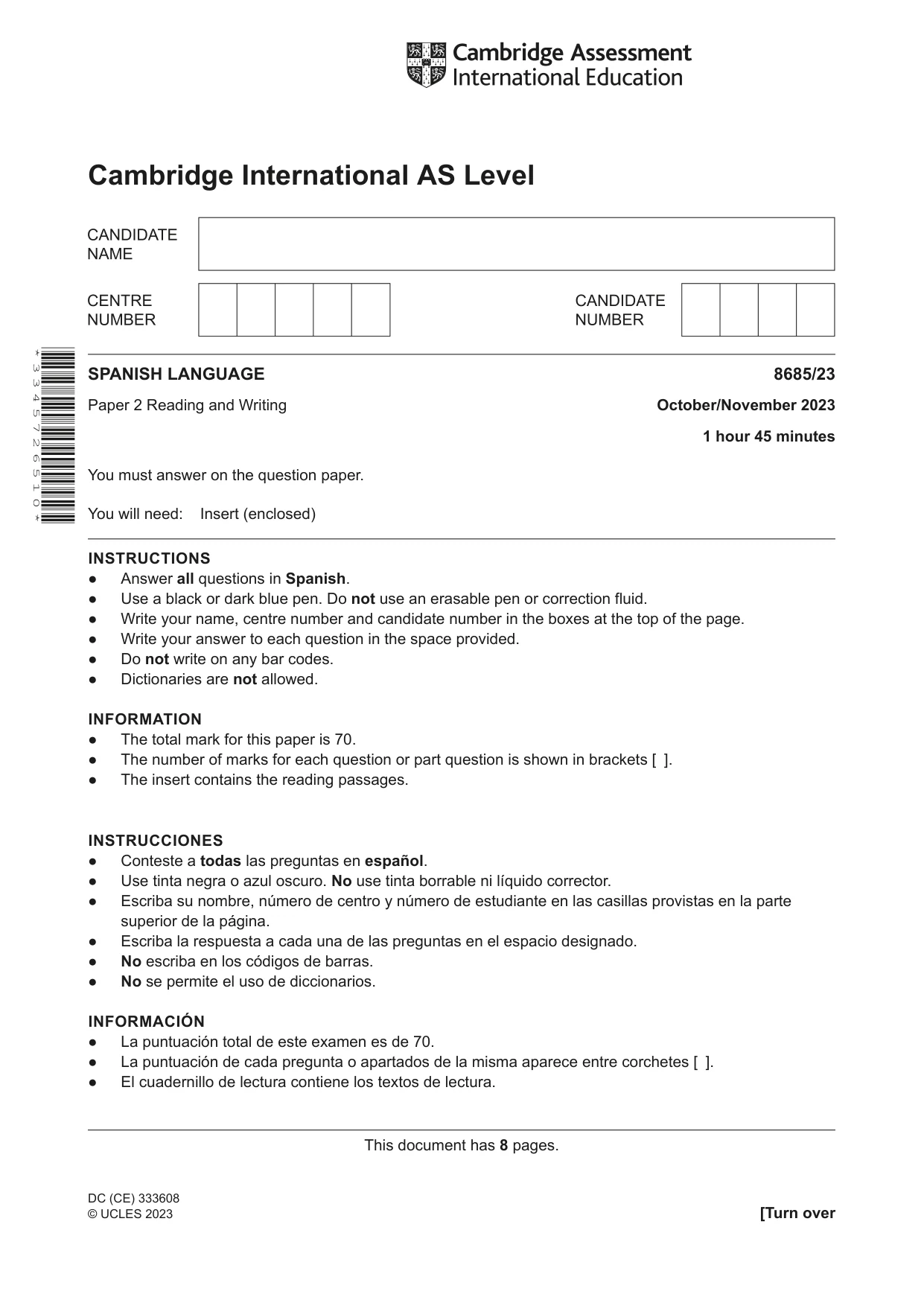 Cambridge A Level Spanish - Language (AS Level only) 8685 2023 Oct/Nov Paper 2 · Variant 3 question paper, page 1 of 8