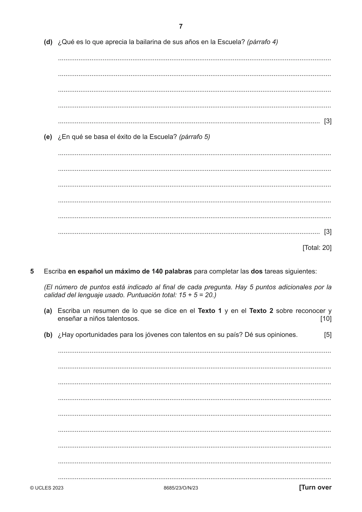 Cambridge A Level Spanish - Language (AS Level only) 8685 2023 Oct/Nov Paper 2 · Variant 3 question paper, page 7 of 8