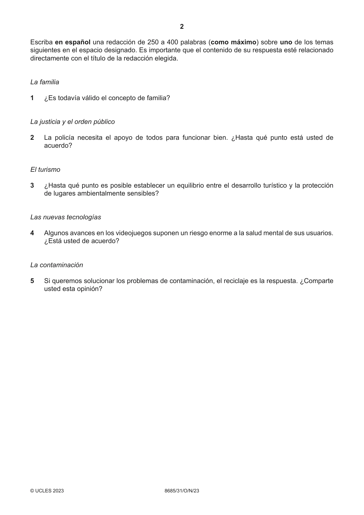 Cambridge A Level Spanish - Language (AS Level only) 8685 2023 Oct/Nov Paper 3 · Variant 1 question paper, page 2 of 8