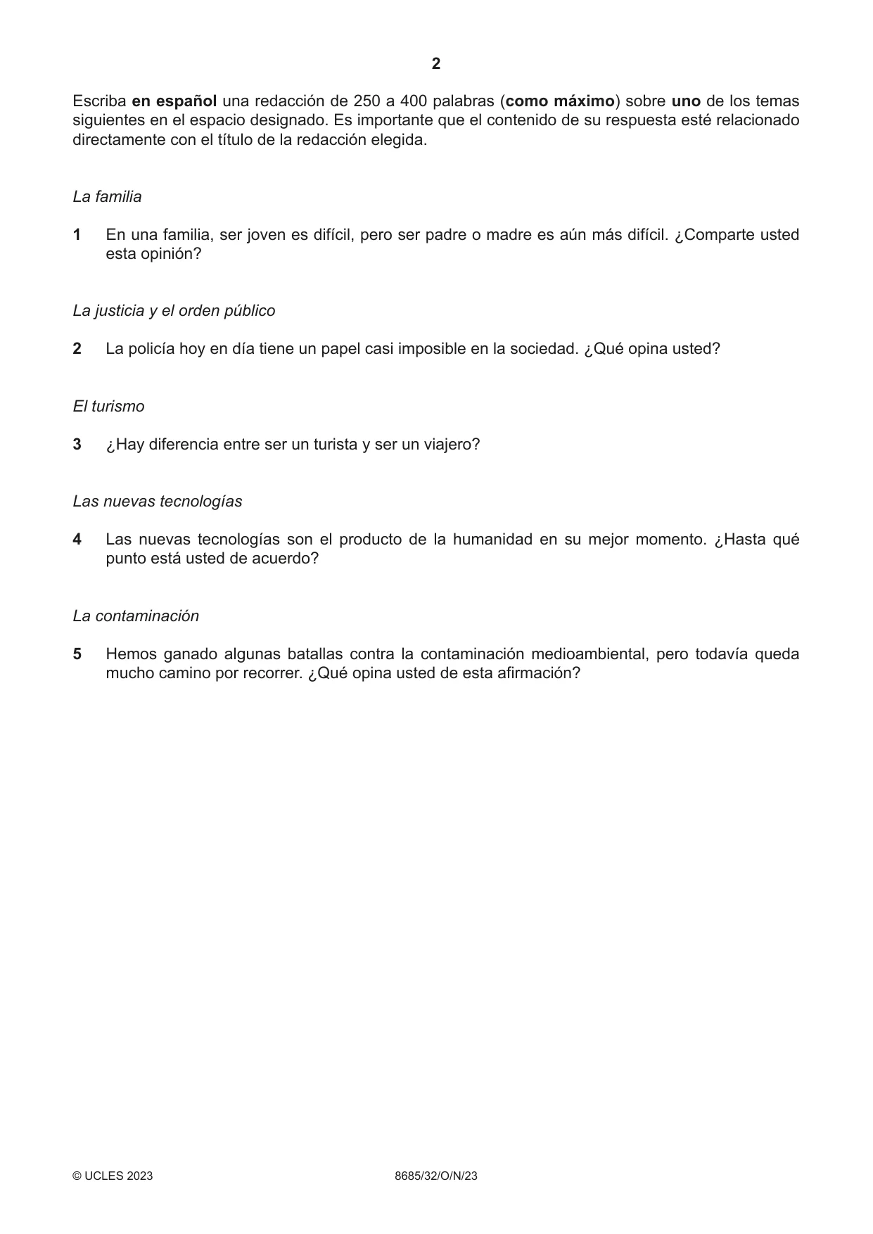 Cambridge A Level Spanish - Language (AS Level only) 8685 2023 Oct/Nov Paper 3 · Variant 2 question paper, page 2 of 8