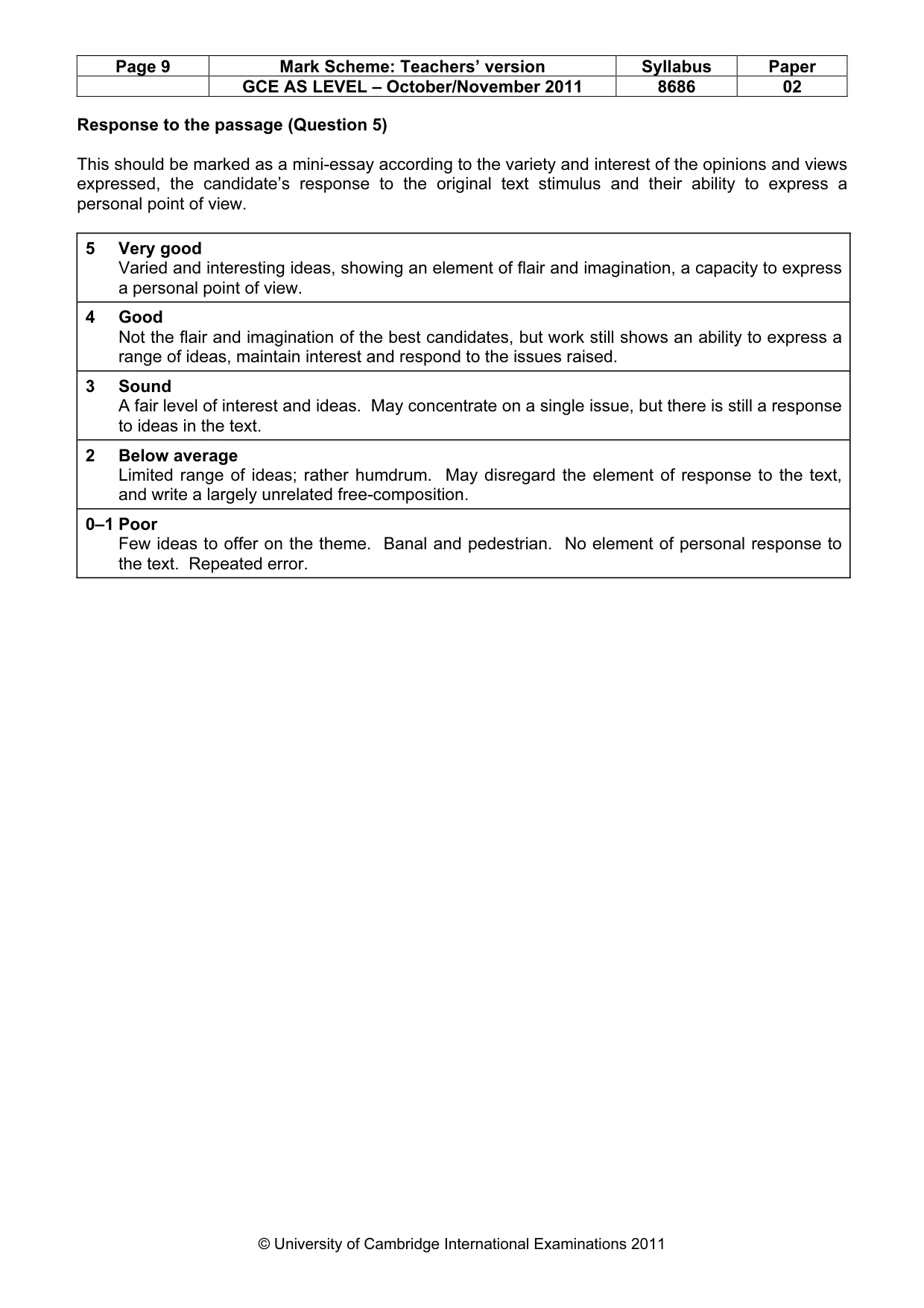 Mark scheme, page 9 of 9
