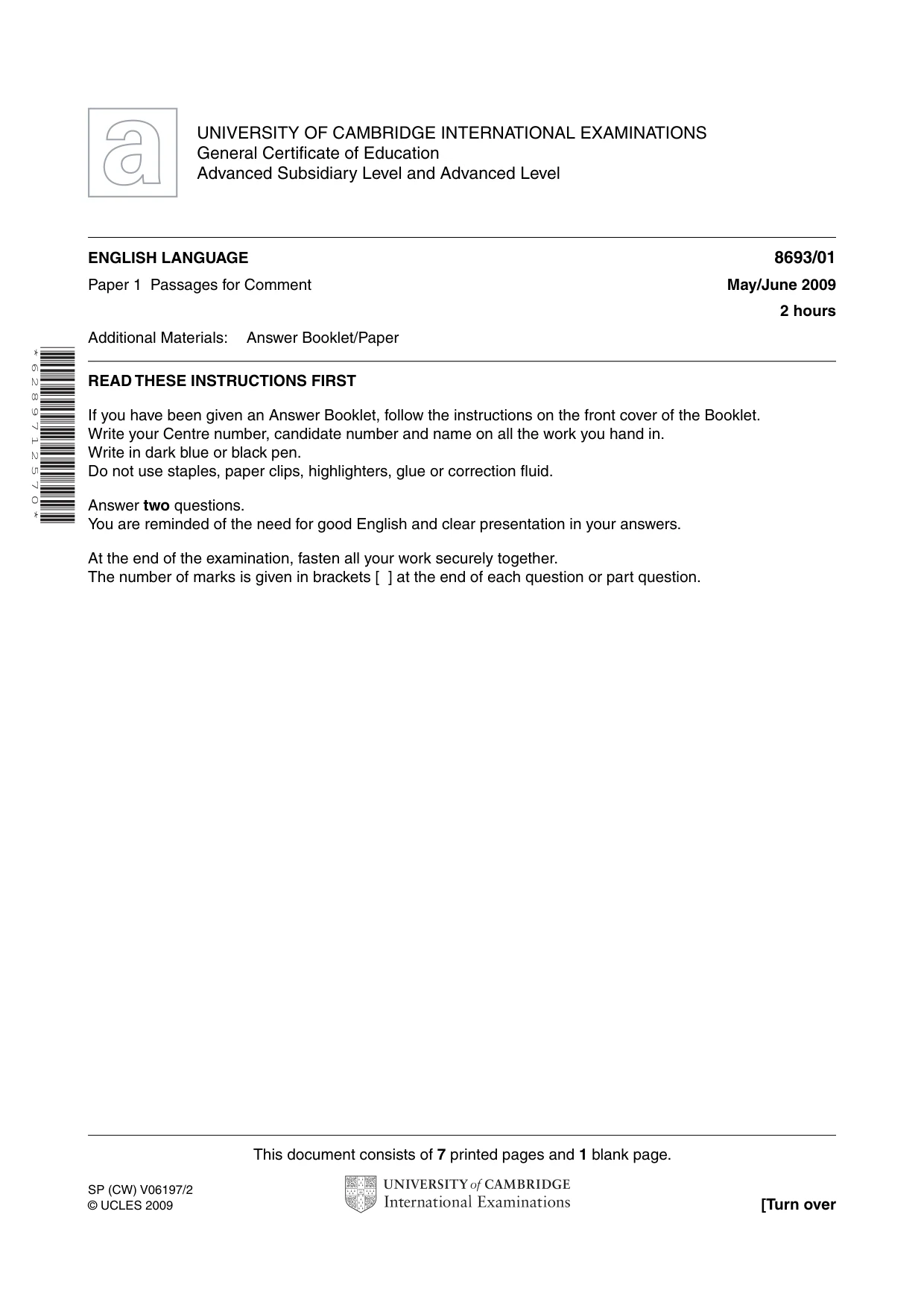 Cambridge A Level English - Language AS Level (until 2013) 8693 2009 May/June Paper 1 · Variant 1 question paper, page 1 of 8