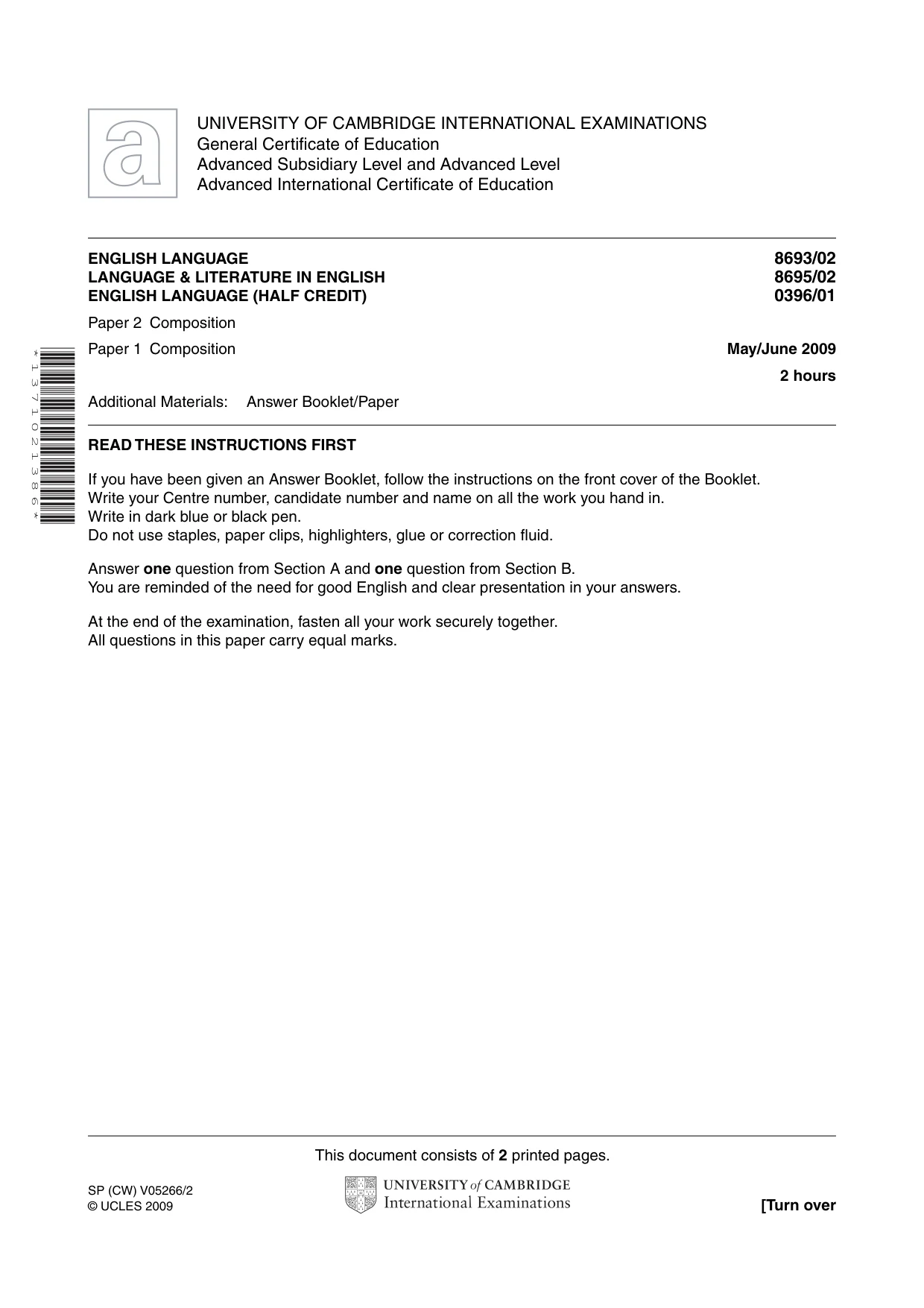 Cambridge A Level English - Language AS Level (until 2013) 8693 2009 May/June Paper 2 · Variant 1 question paper, page 1 of 2