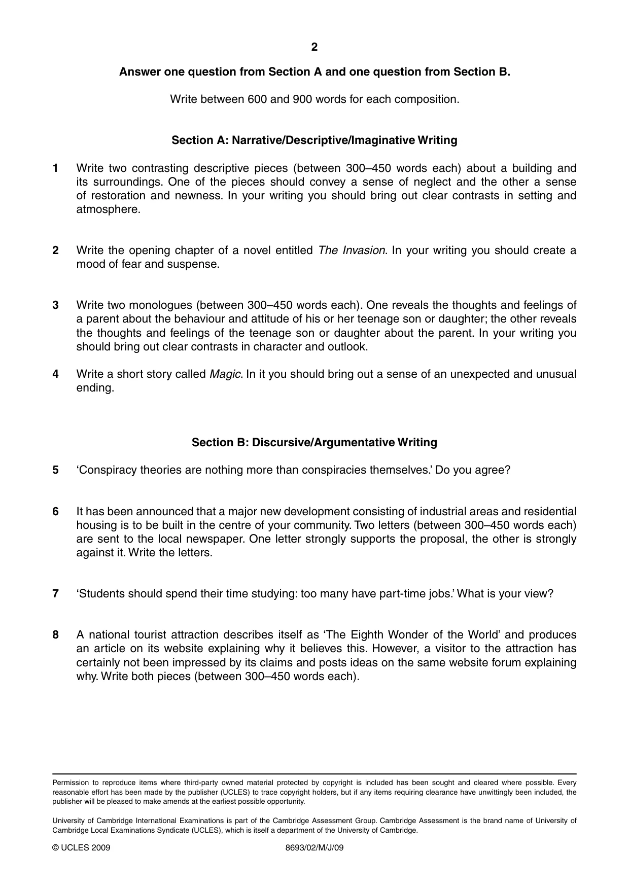 Cambridge A Level English - Language AS Level (until 2013) 8693 2009 May/June Paper 2 · Variant 1 question paper, page 2 of 2