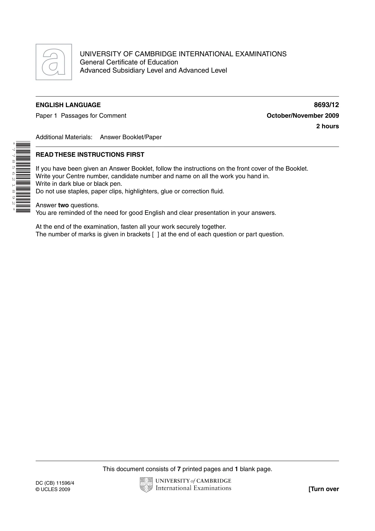 Cambridge A Level English - Language AS Level (until 2013) 8693 2009 Oct/Nov Paper 1 · Variant 2 question paper, page 1 of 8
