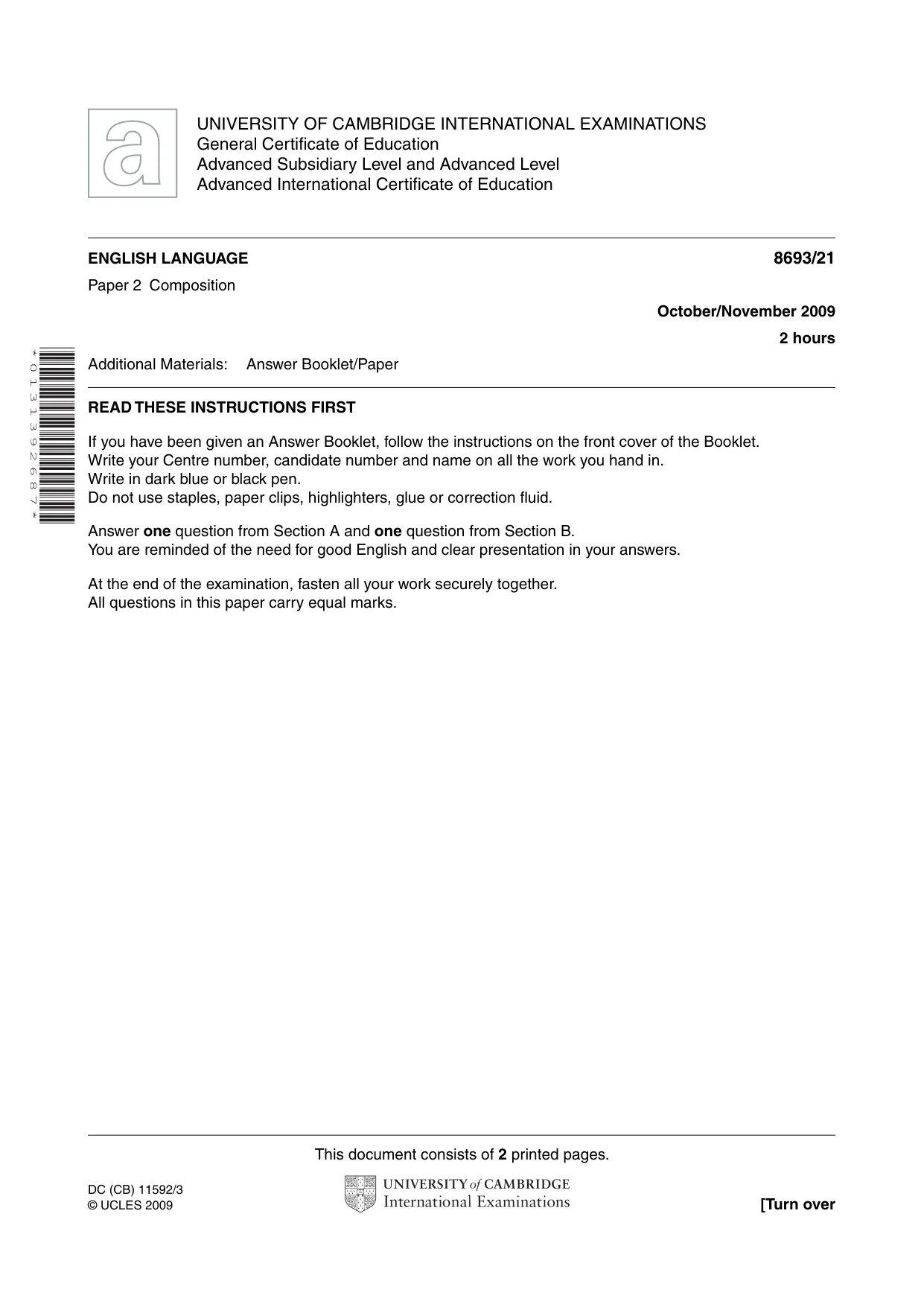 Cambridge A Level English - Language AS Level (until 2013) 8693 2009 Oct/Nov Paper 2 · Variant 1 question paper, page 1 of 2