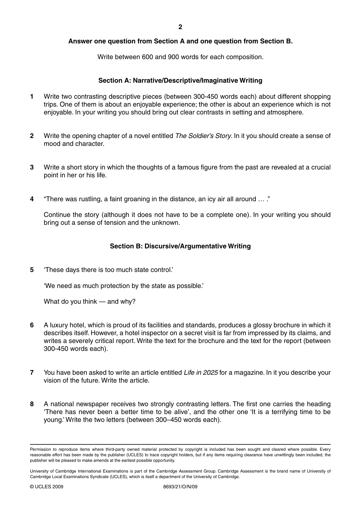 Cambridge A Level English - Language AS Level (until 2013) 8693 2009 Oct/Nov Paper 2 · Variant 1 question paper, page 2 of 2