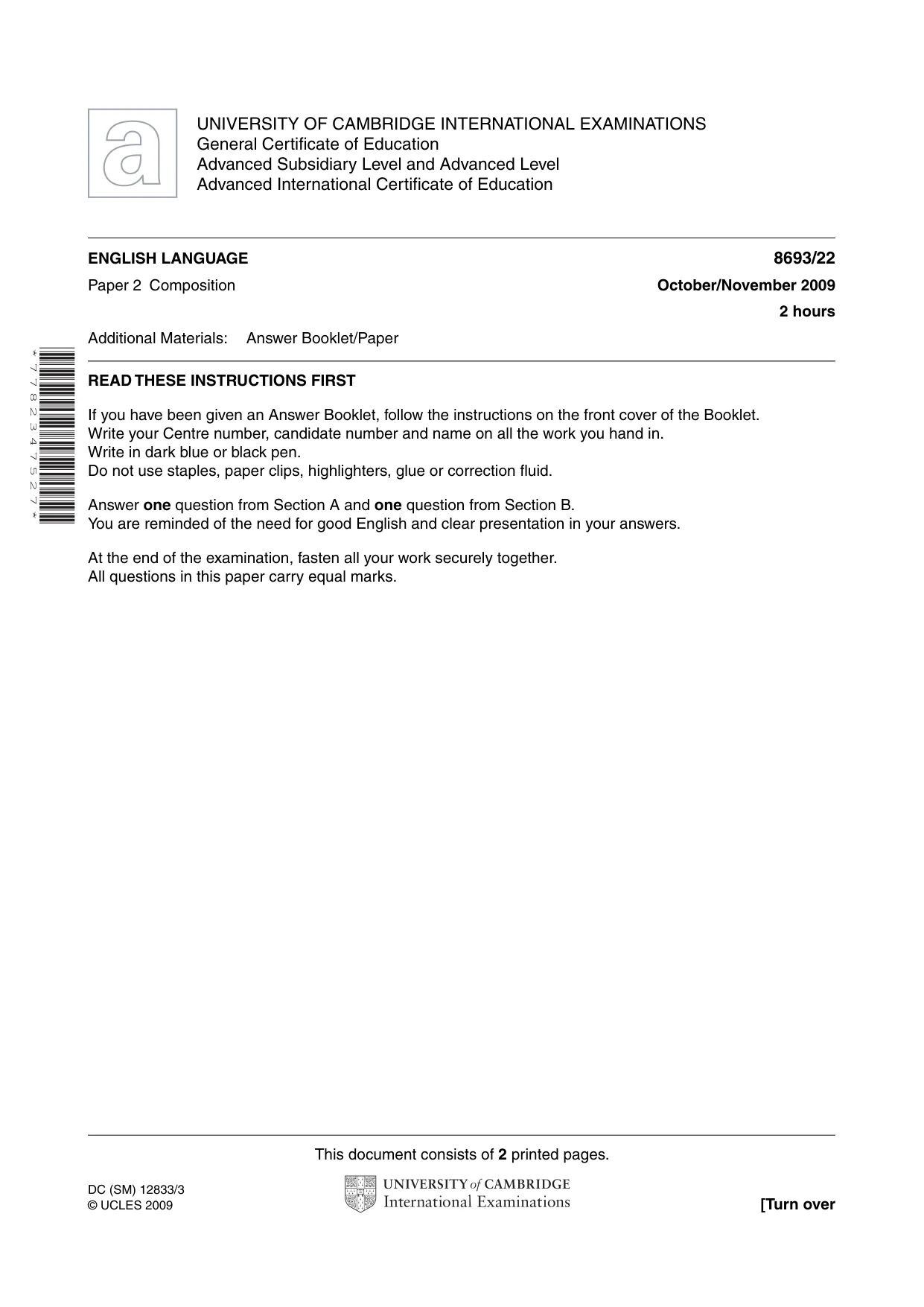 Cambridge A Level English - Language AS Level (until 2013) 8693 2009 Oct/Nov Paper 2 · Variant 2 question paper, page 1 of 2