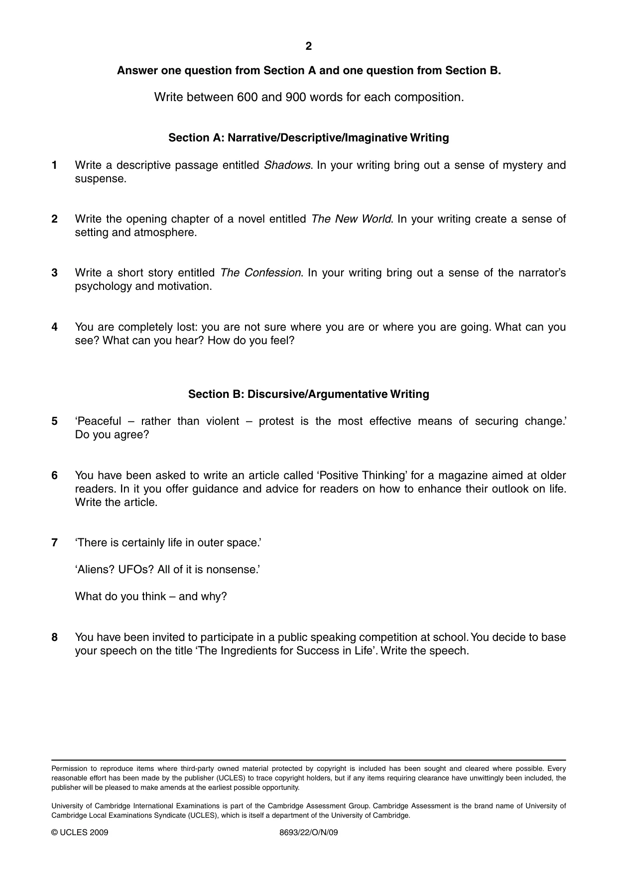 Cambridge A Level English - Language AS Level (until 2013) 8693 2009 Oct/Nov Paper 2 · Variant 2 question paper, page 2 of 2