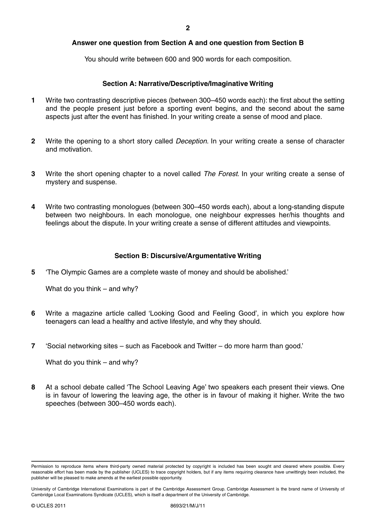 Cambridge A Level English - Language AS Level (until 2013) 8693 2011 May/June Paper 2 · Variant 1 question paper, page 2 of 2