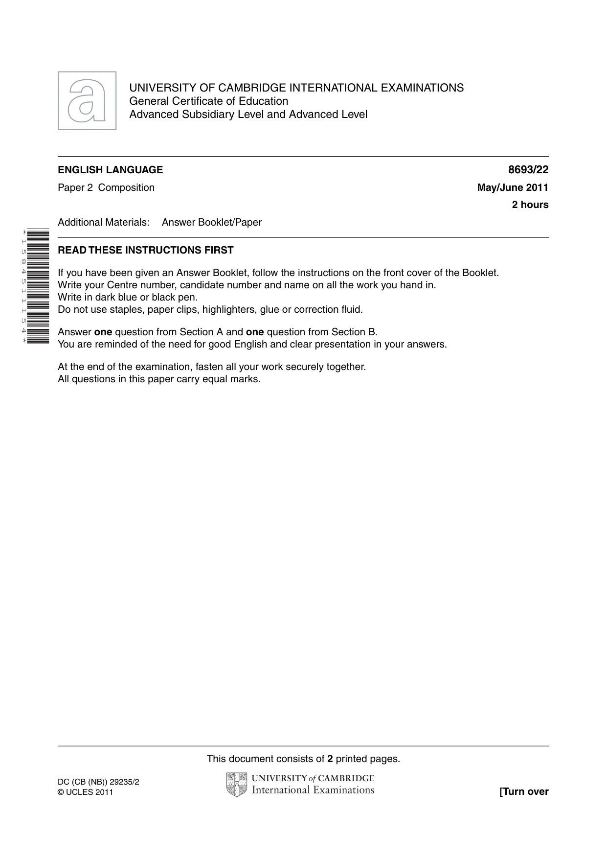 Cambridge A Level English - Language AS Level (until 2013) 8693 2011 May/June Paper 2 · Variant 2 question paper, page 1 of 2