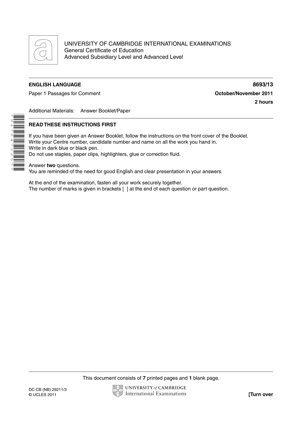 Cambridge A Level English - Language AS Level (until 2013) 8693 2011 Oct/Nov Paper 1 · Variant 3 question paper, page 1 of 8