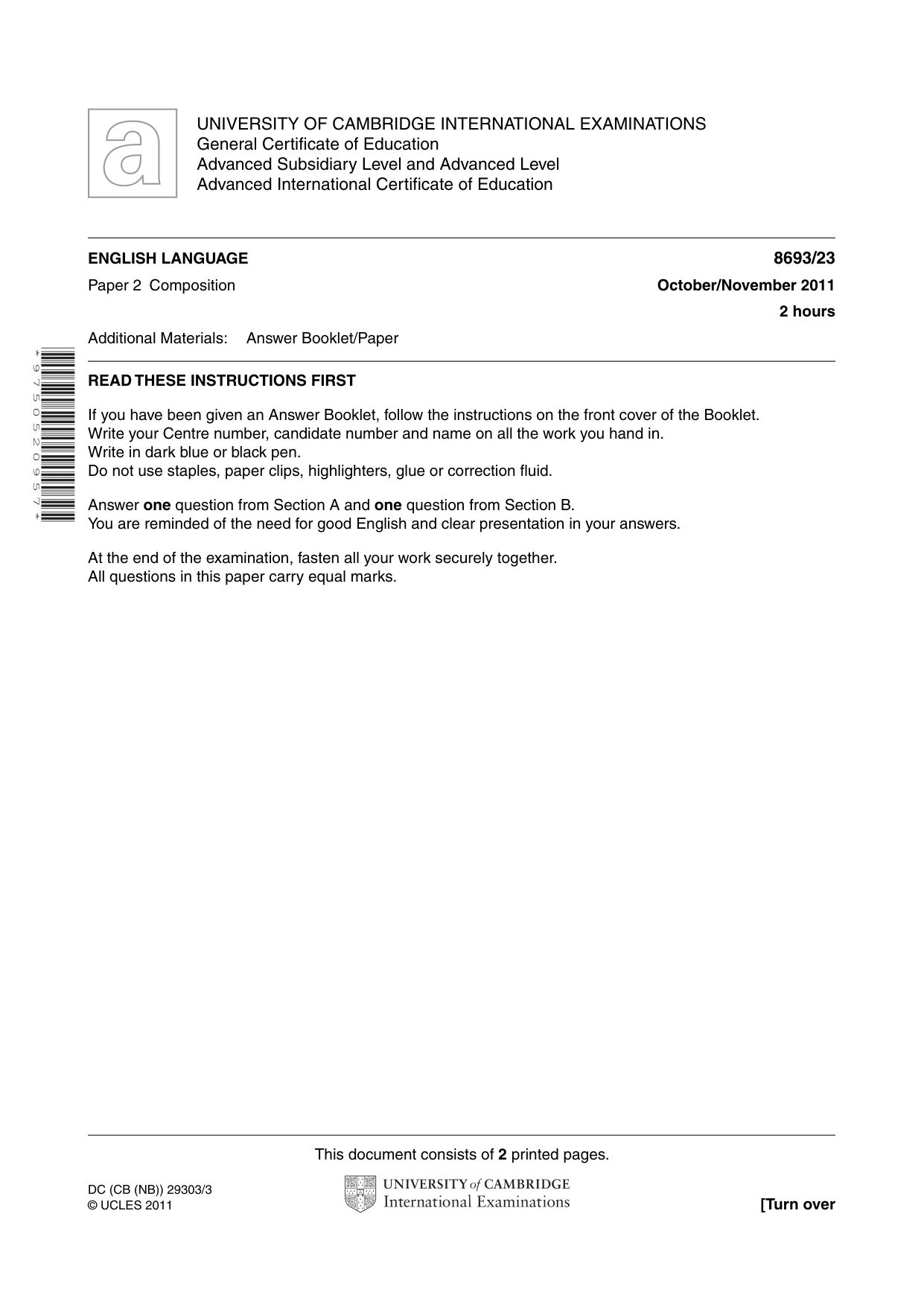Cambridge A Level English - Language AS Level (until 2013) 8693 2011 Oct/Nov Paper 2 · Variant 3 question paper, page 1 of 2