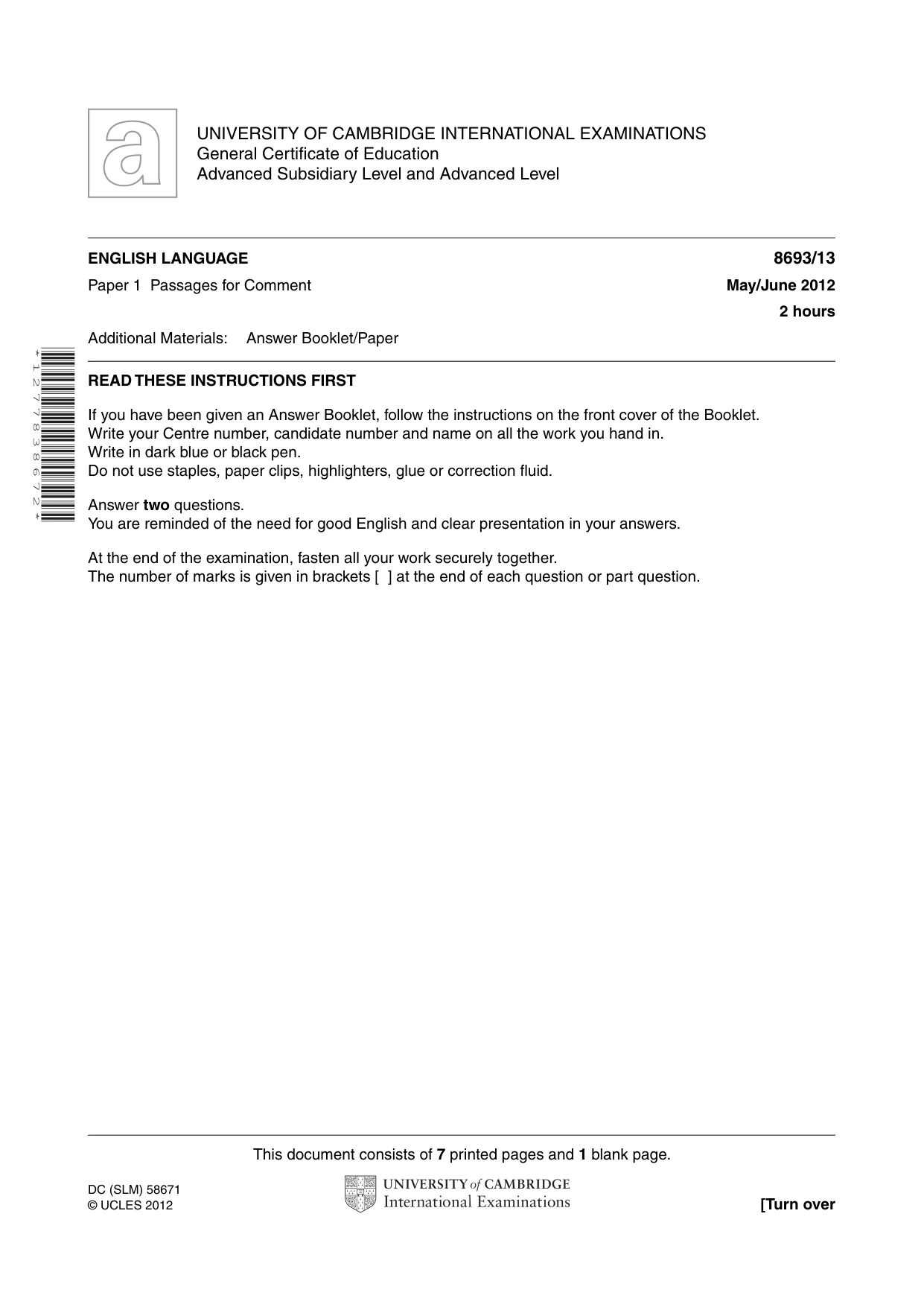 Cambridge A Level English - Language AS Level (until 2013) 8693 2012 May/June Paper 1 · Variant 3 question paper, page 1 of 8