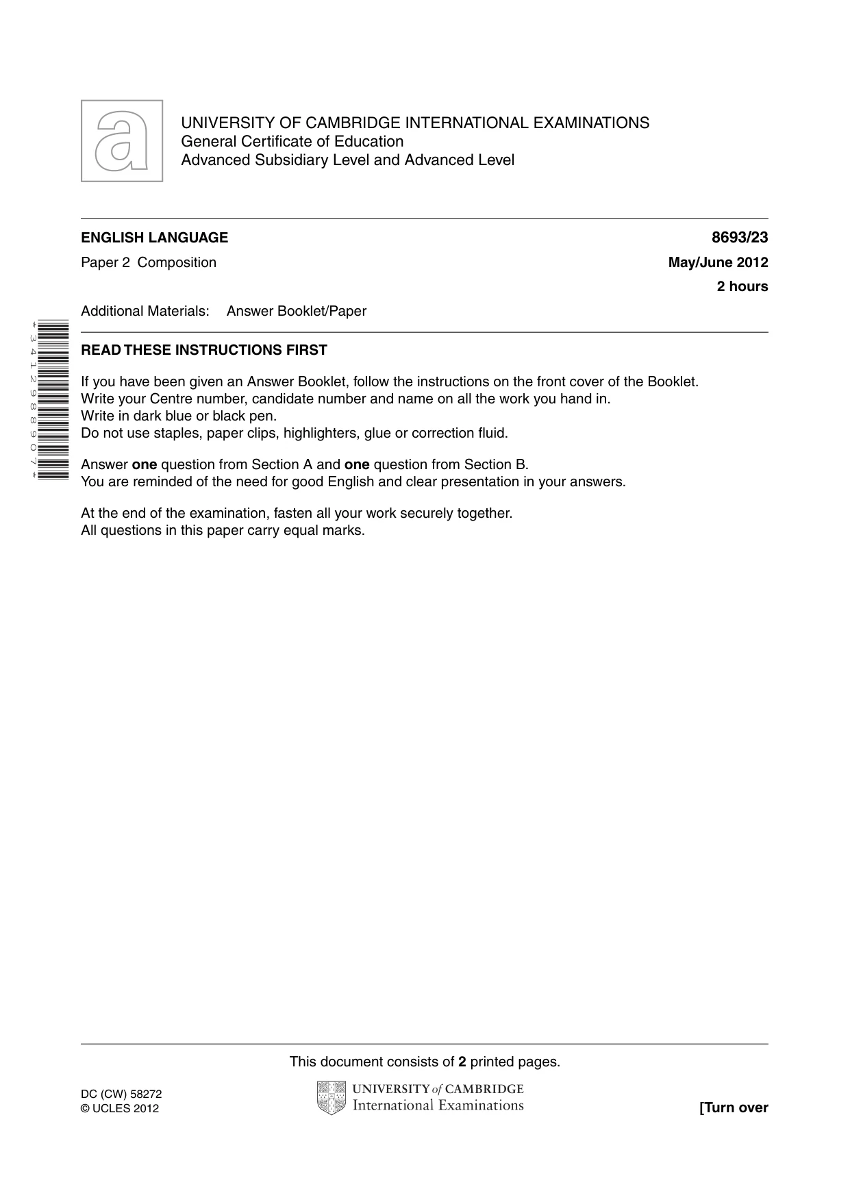 Cambridge A Level English - Language AS Level (until 2013) 8693 2012 May/June Paper 2 · Variant 3 question paper, page 1 of 2
