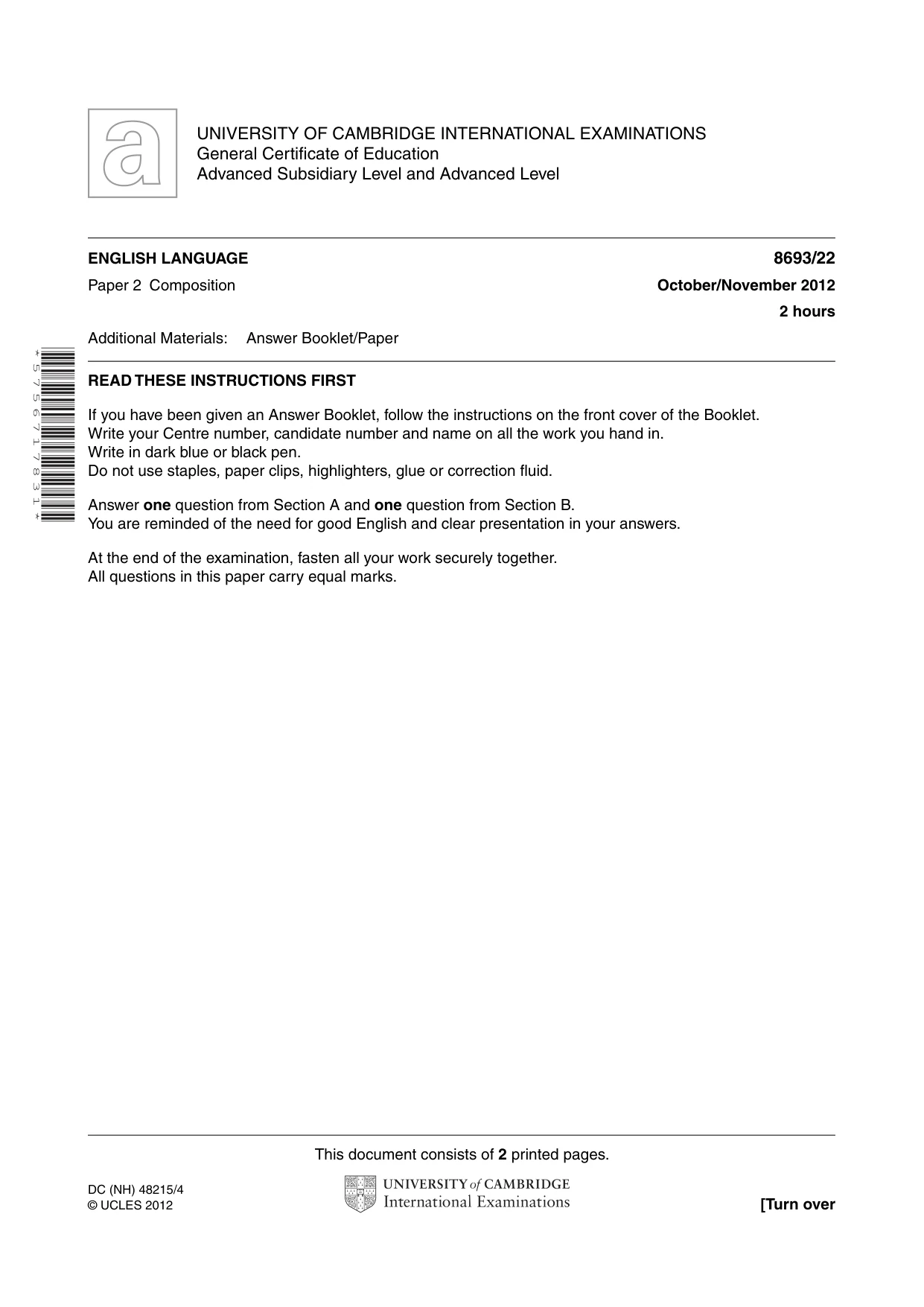 Cambridge A Level English - Language AS Level (until 2013) 8693 2012 Oct/Nov Paper 2 · Variant 2 question paper, page 1 of 2