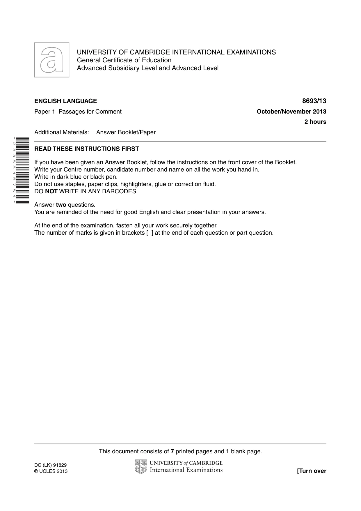 Cambridge A Level English - Language AS Level (until 2013) 8693 2013 Oct/Nov Paper 1 · Variant 3 question paper, page 1 of 8