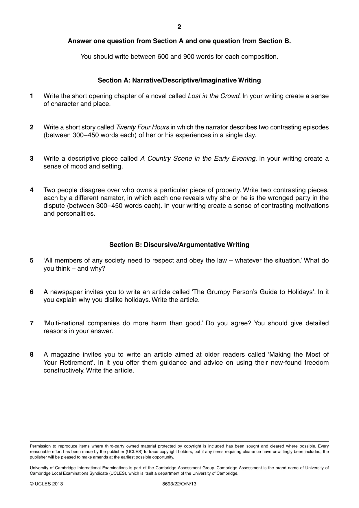 Cambridge A Level English - Language AS Level (until 2013) 8693 2013 Oct/Nov Paper 2 · Variant 2 question paper, page 2 of 2